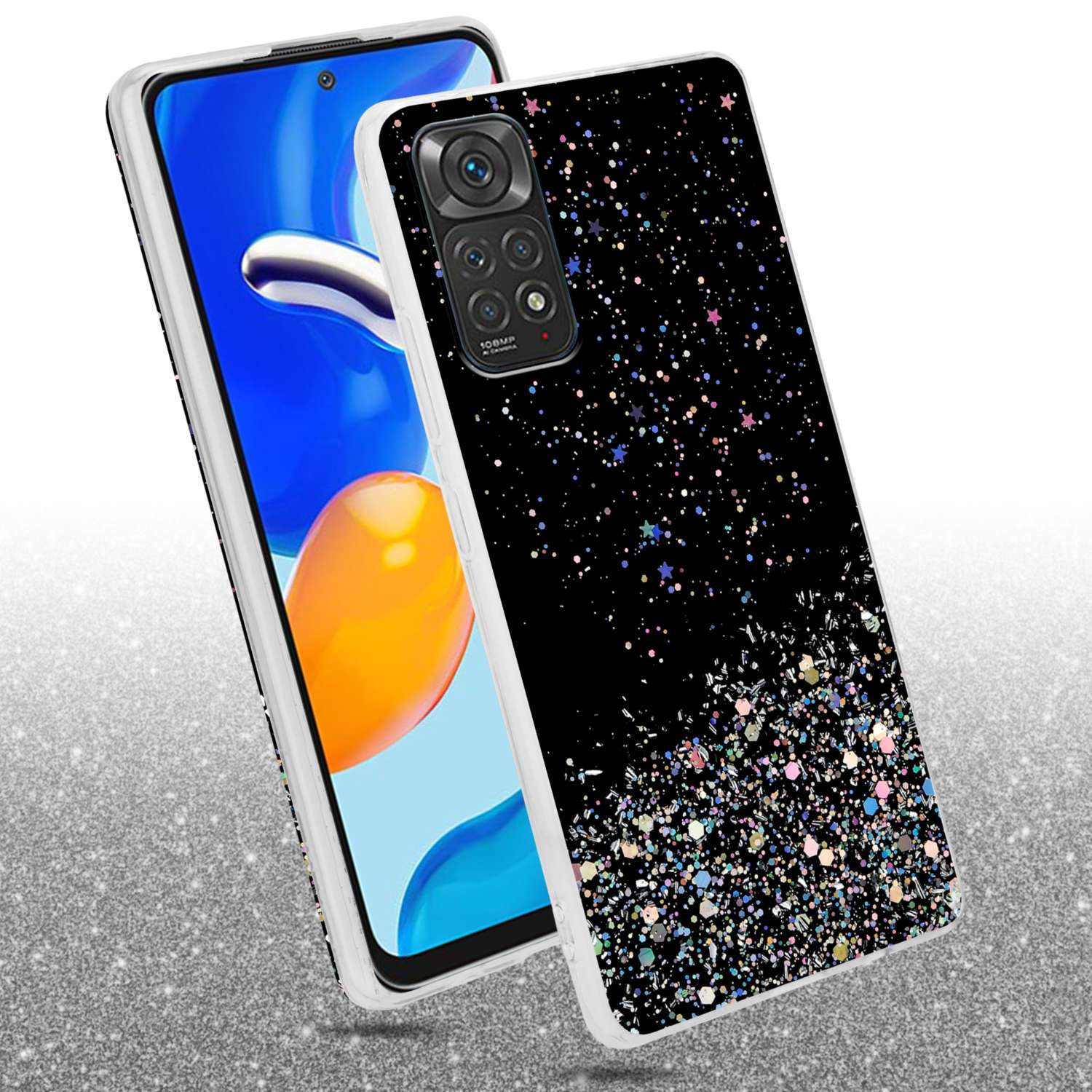 Custodia per telefono con sfondo nero e glitter colorati. Il retro del telefono è visibile. Superficie argentata.