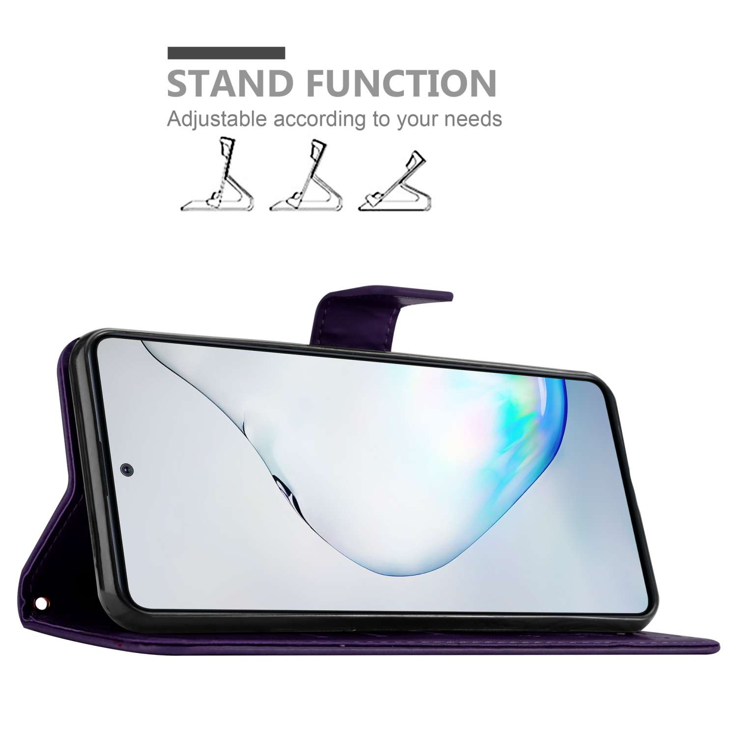 Telefono in una custodia a portafoglio viola, con funzione stand. Lo schermo è visibile.