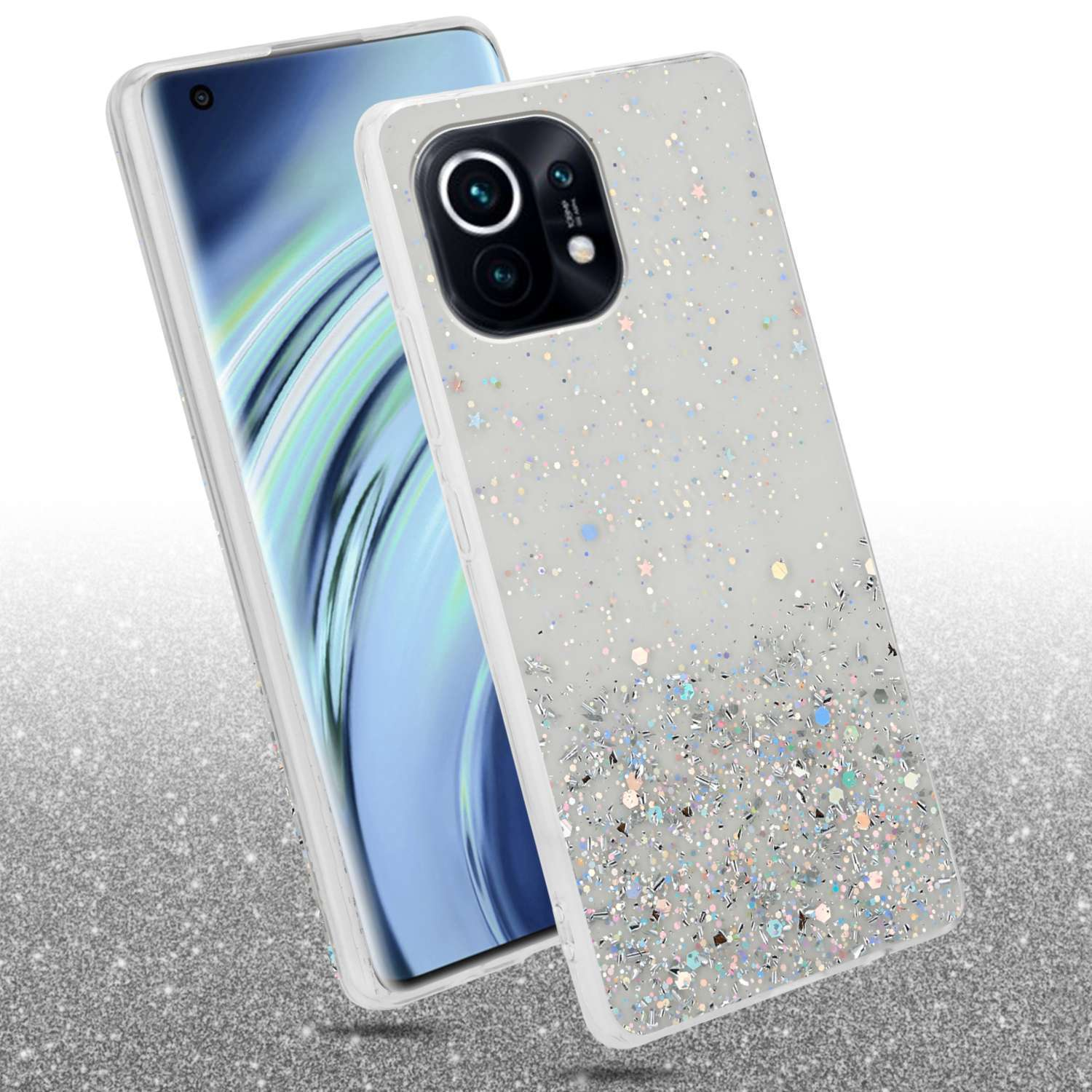 Custodia per telefono con glitter. Il telefono è visibile dietro la custodia.