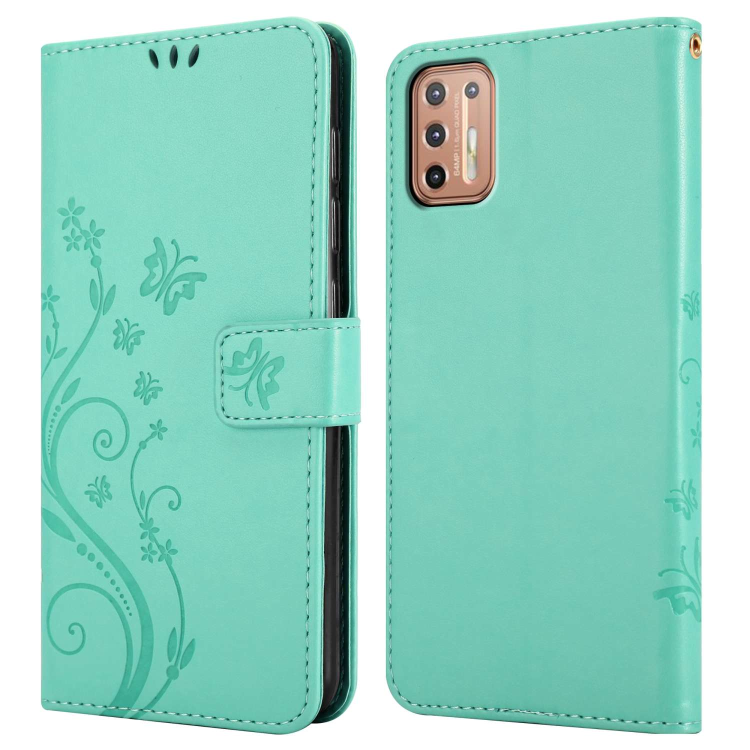 Custodia per telefono, aperta e chiusa, turchese, design floreale. Sfondo bianco.