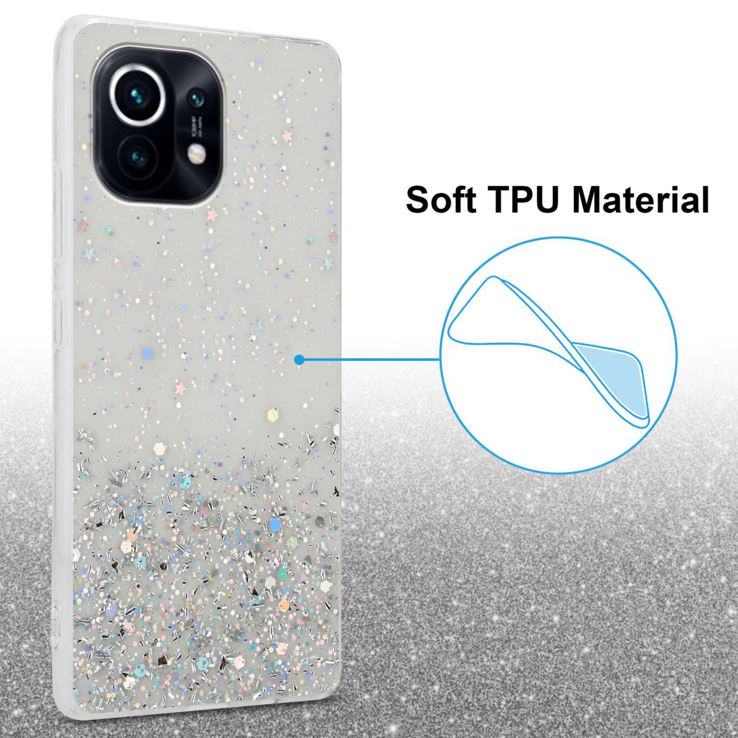 Custodia per telefono con design glitterato e diagramma che mostra le proprietà del materiale TPU.
