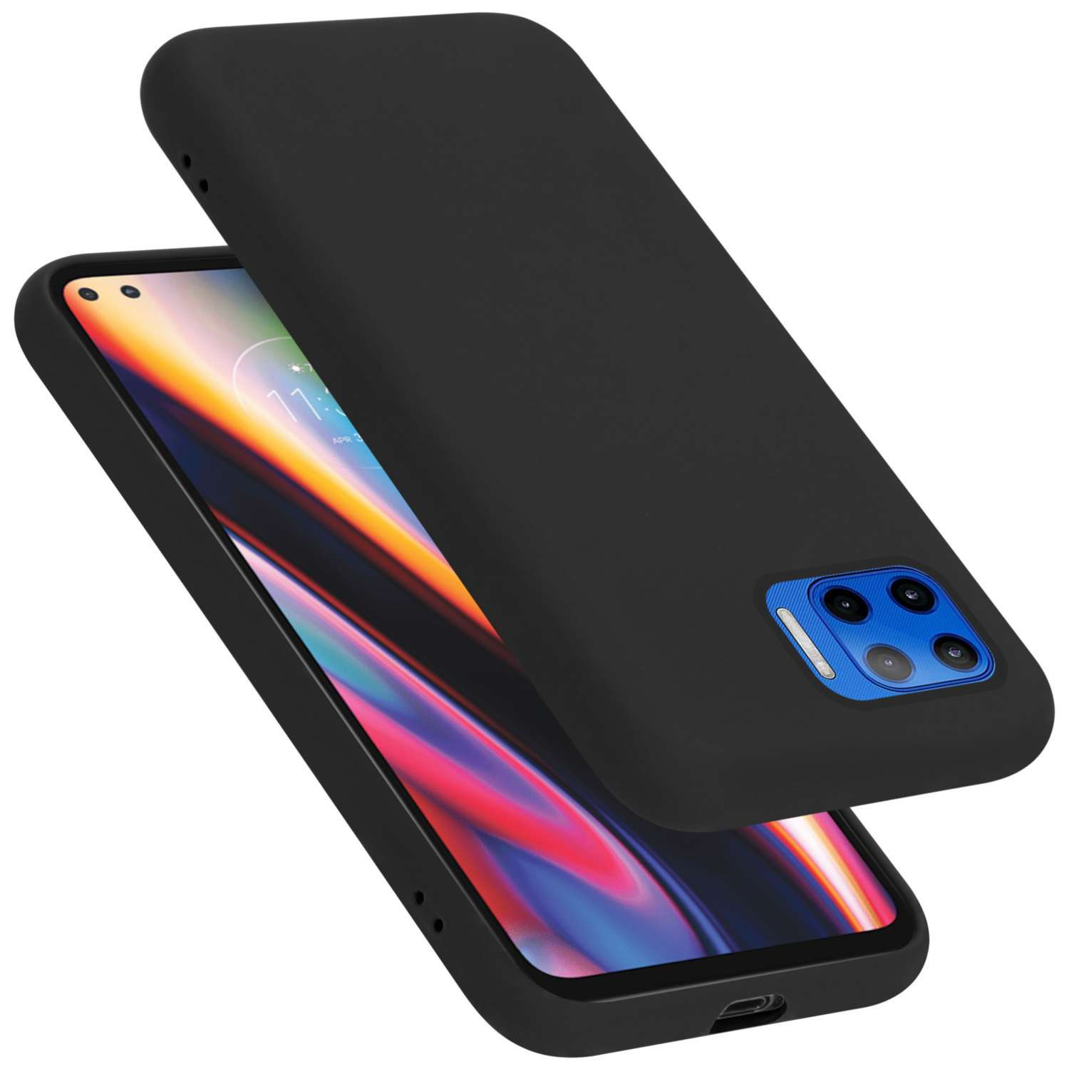 Telefono nero con una custodia nera sopra. Il telefono ha tre fotocamere.