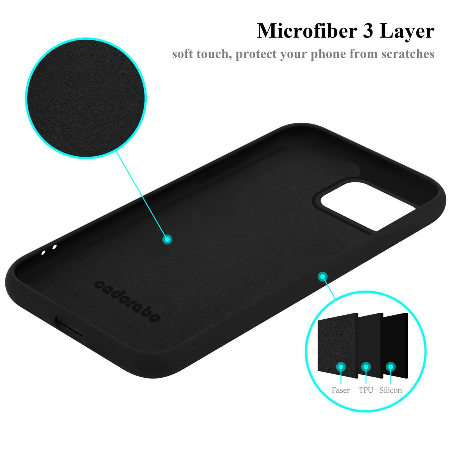 Una custodia per telefono nera con interno verde acqua e un diagramma degli strati.
