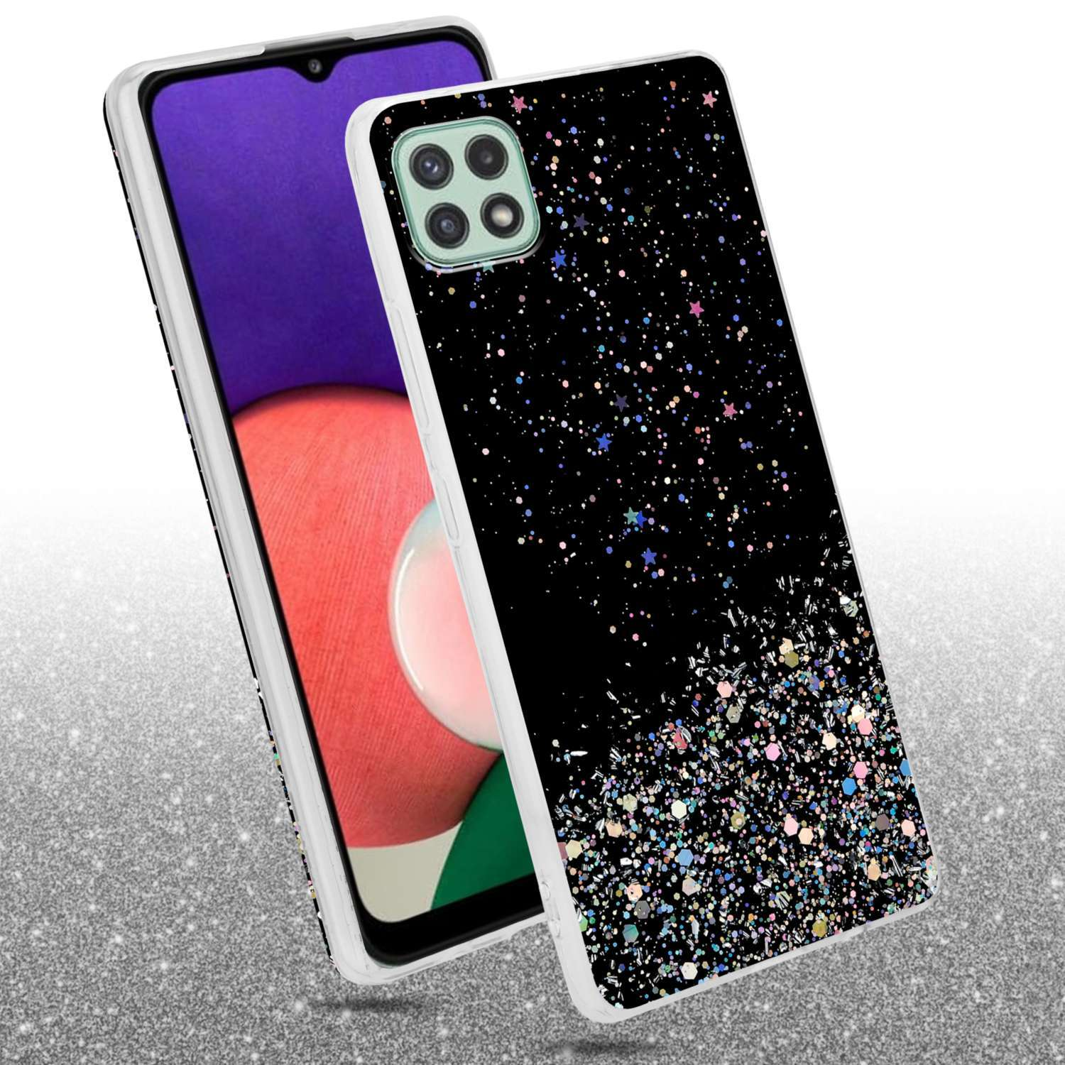 Custodia nera con glitter, schermo nero e bordo bianco su superficie grigia lucida.