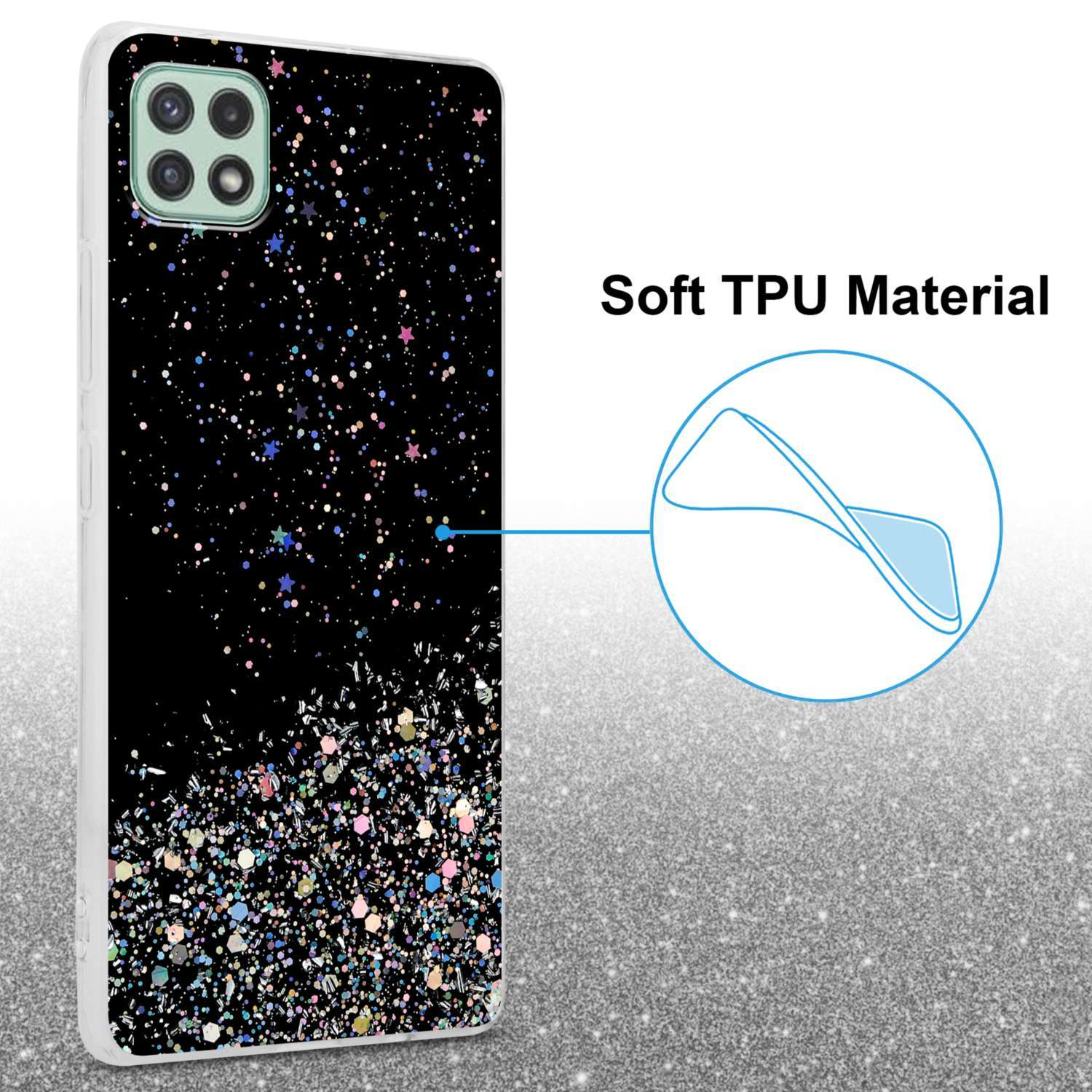 Custodia nera con design glitterato su sfondo chiaro. Viene evidenziato il materiale TPU morbido.