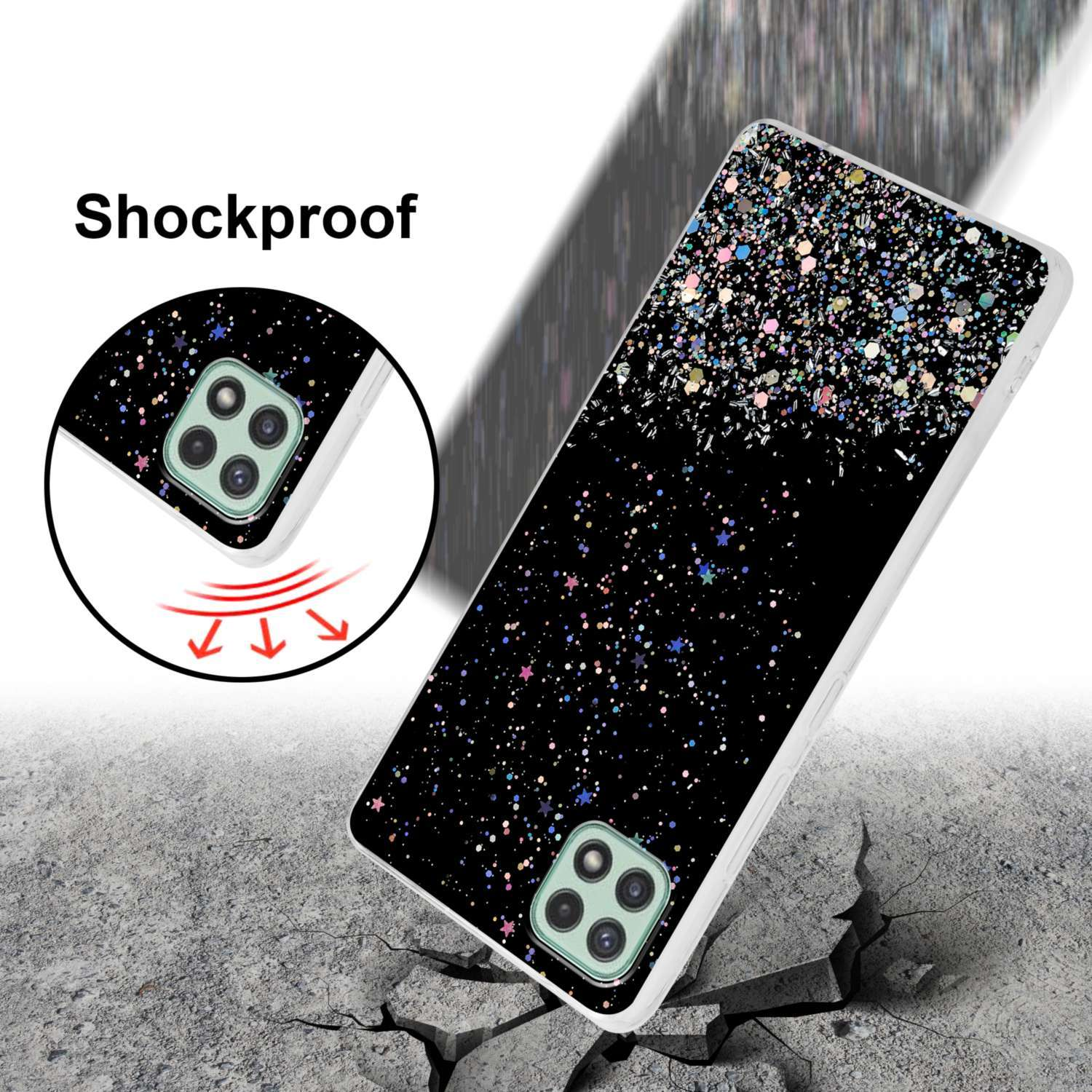 Custodia per telefono con glitter neri su terreno crepato, con testo 'Antiurto'.