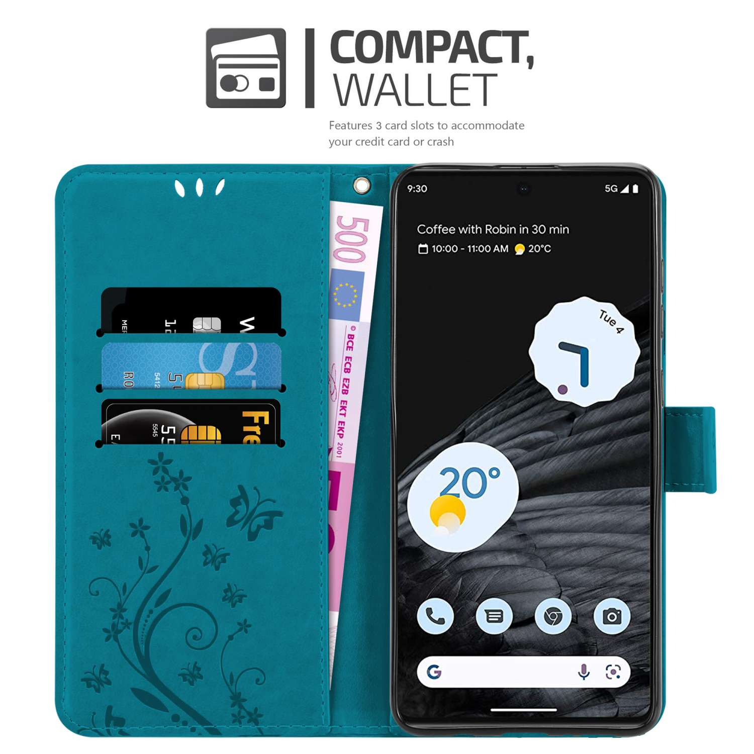 Portafoglio con custodia per telefono verde acqua aperto, con telefono all'interno. Carte e denaro visibili. Scritto: portafoglio compatto.