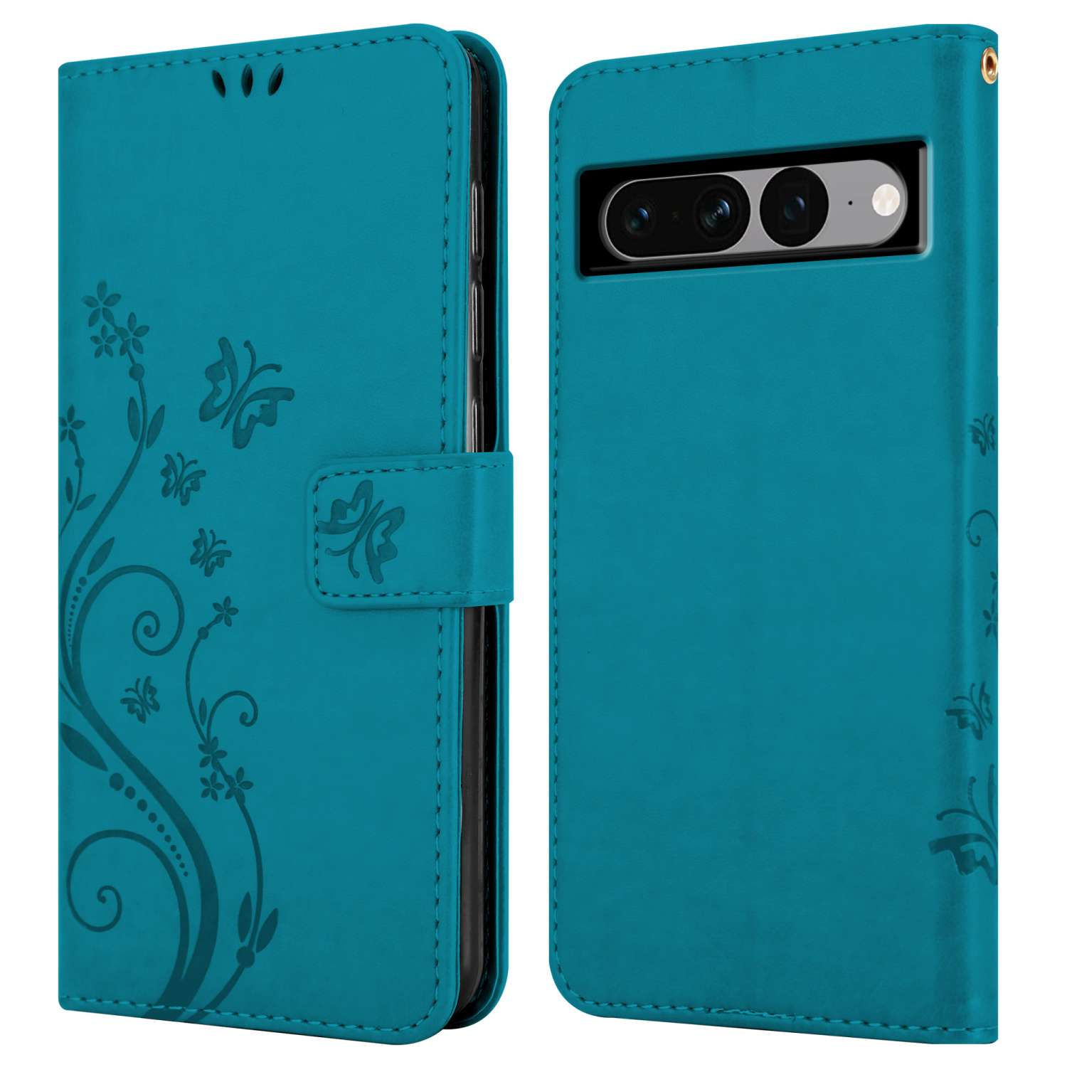 Custodia teal aperta, design floreale. Telefono sul lato destro.