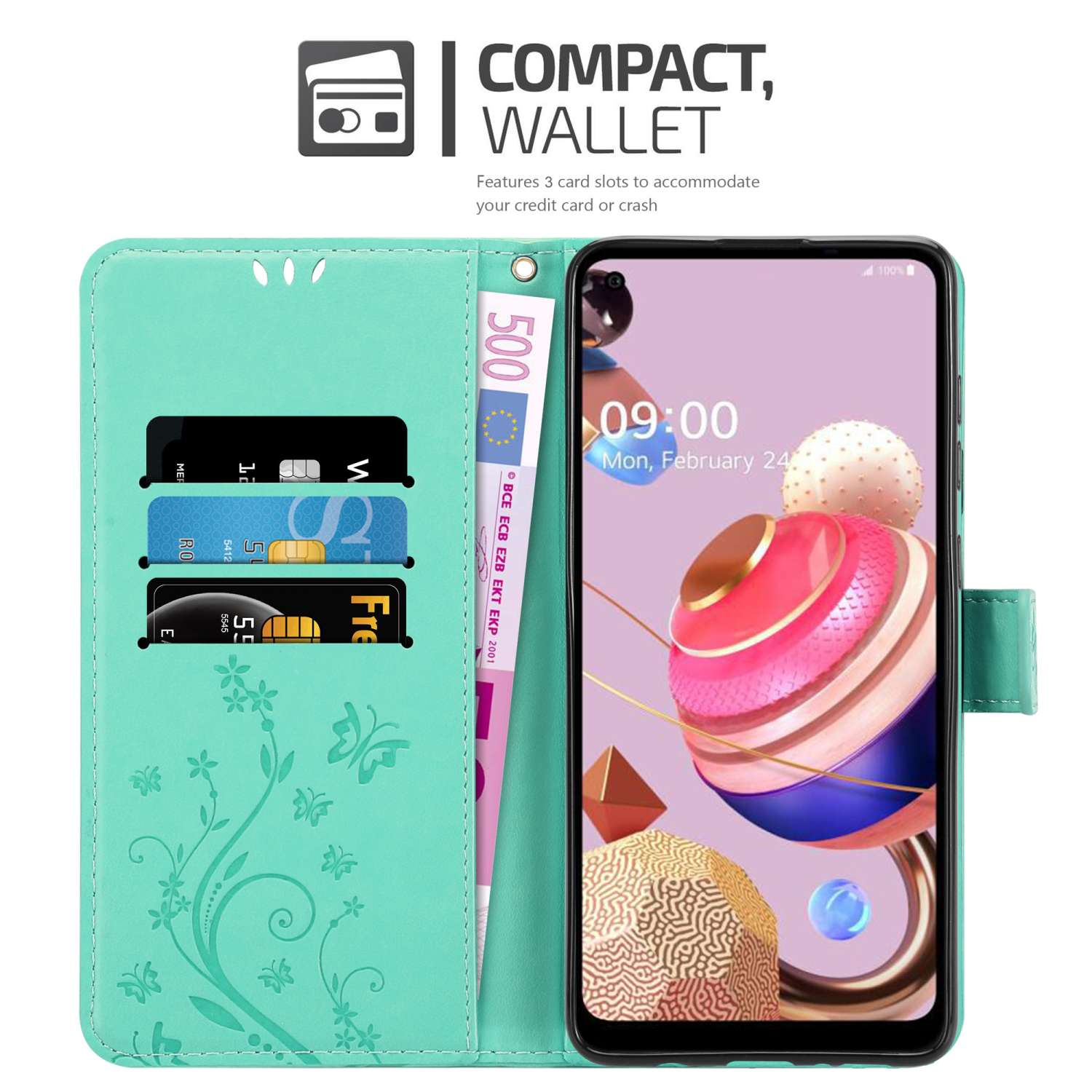 Una custodia per telefono verde acqua con un telefono all'interno. Ha slot per schede e un motivo floreale. Un telefono mostra un'immagine colorata.