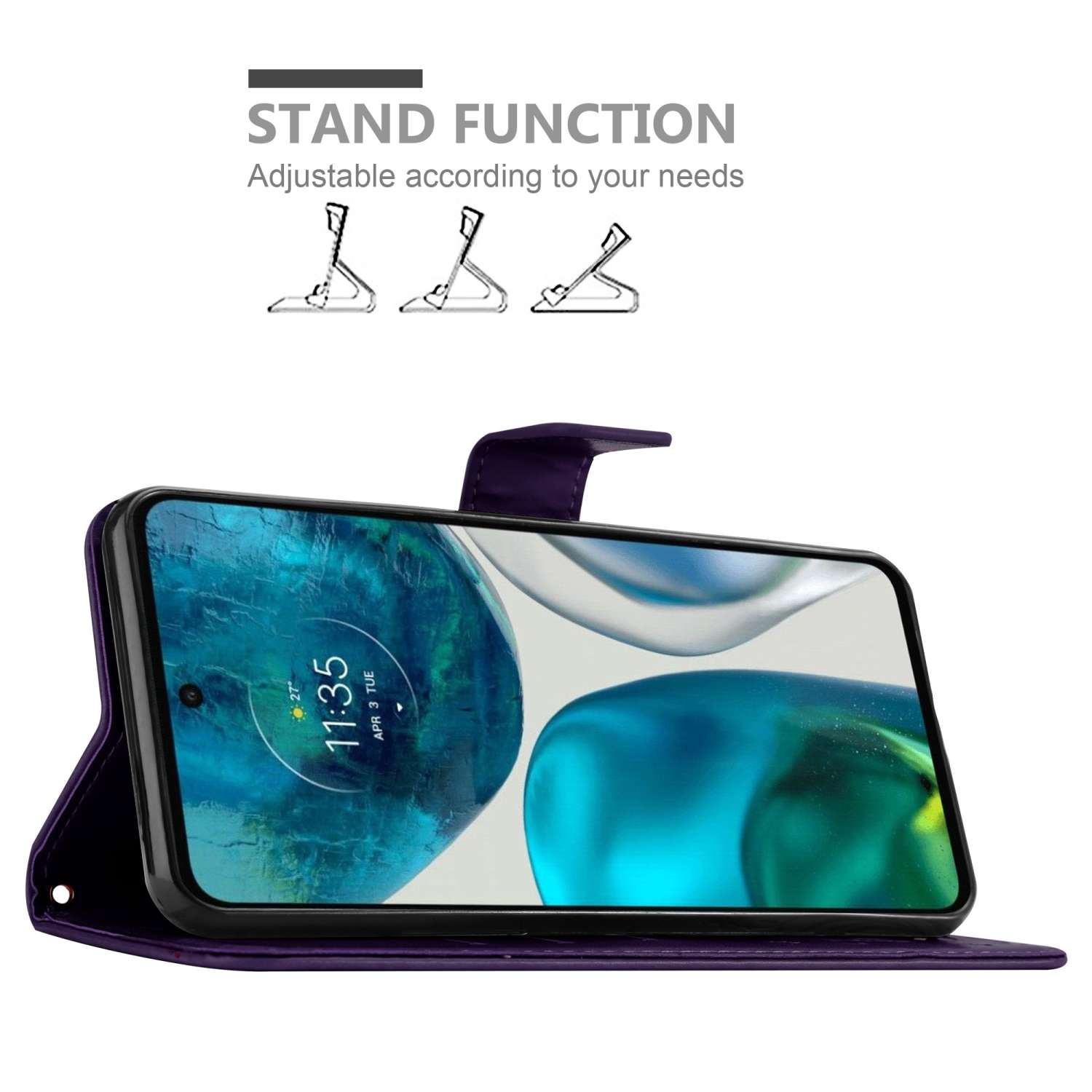 Una custodia viola con un telefono all'interno, che mostra la funzione supporto con opzioni regolabili.