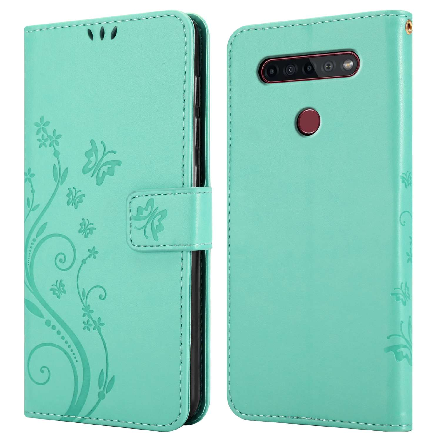 Custodia a portafoglio turchese aperta con design floreale. Schermo del telefono visibile, abbinato al colore della custodia.