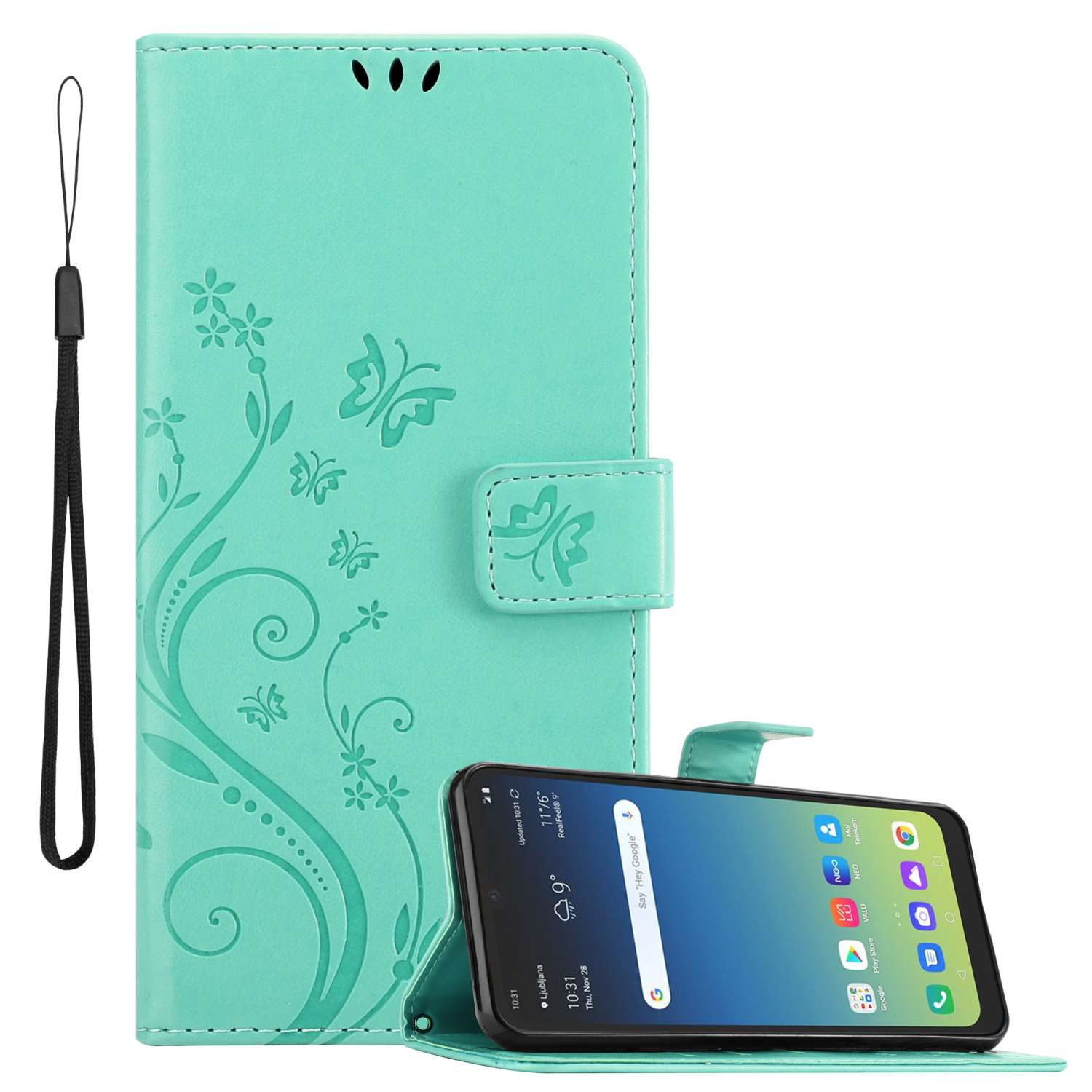Una custodia verde acqua con un telefono all'interno. La custodia è aperta.
