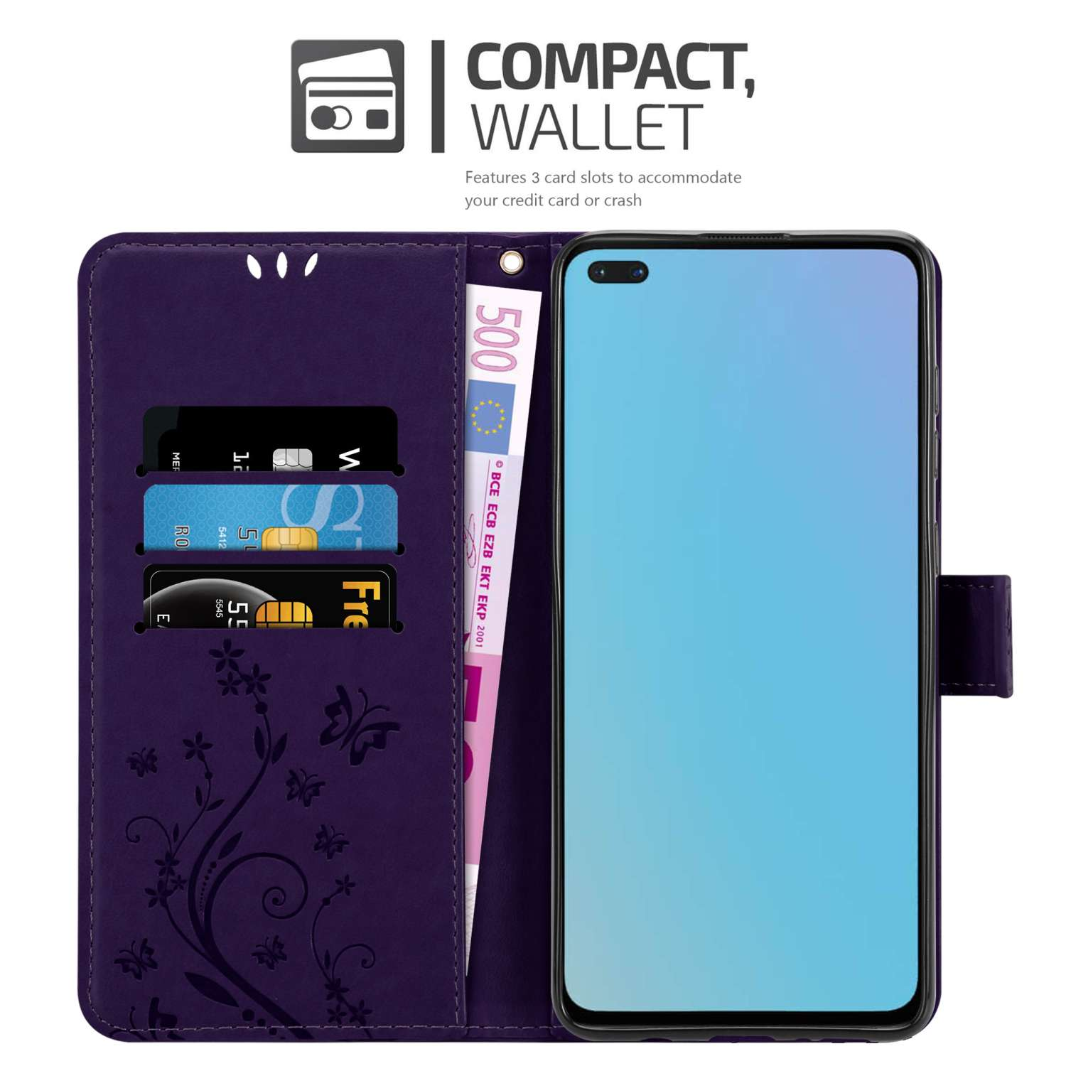 Un portafoglio per custodia del telefono viola aperto, con carte, una banconota da 500 euro e un telefono che mostra Oppo A72.
