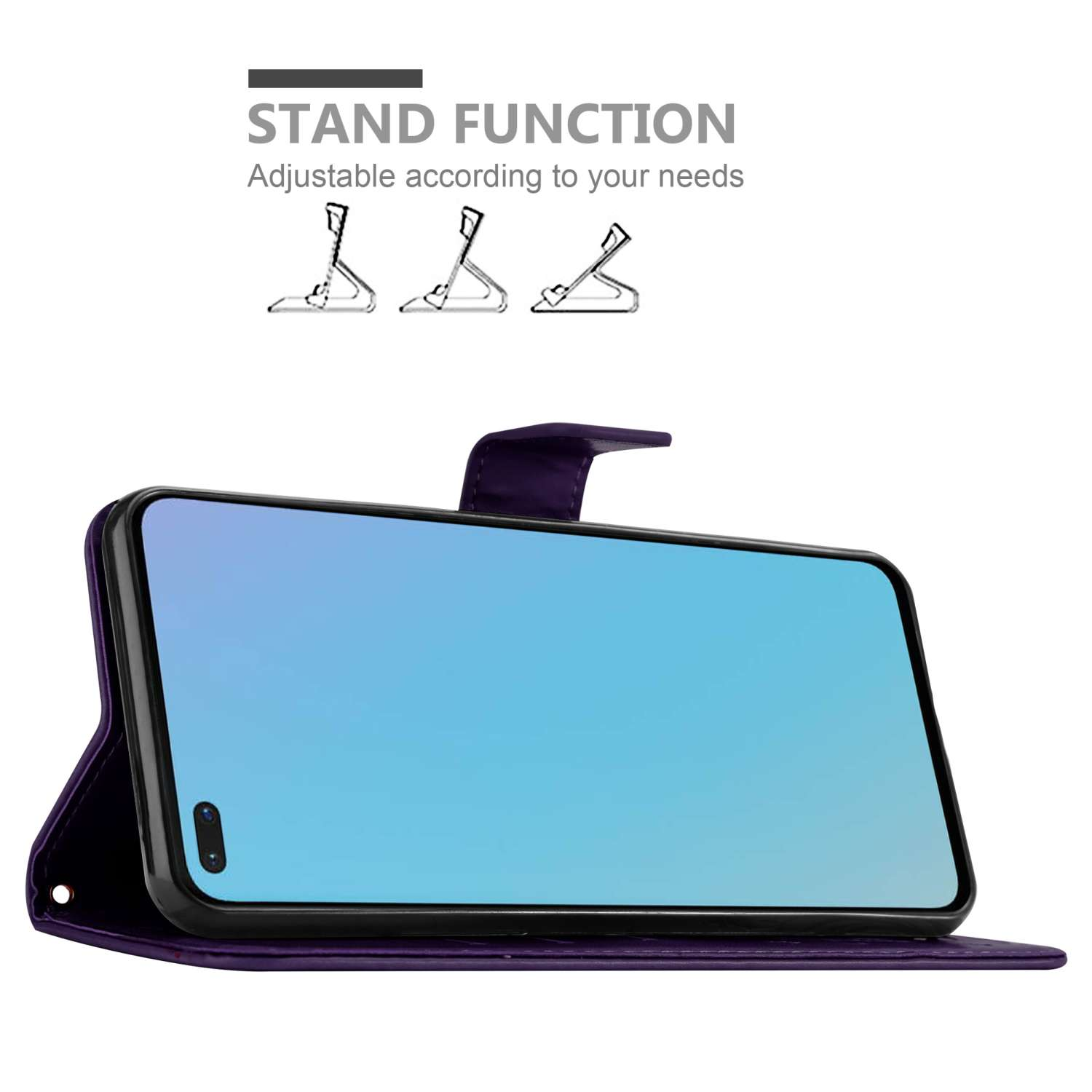 Telefono in custodia viola, appoggiato, che mostra uno schermo blu.
