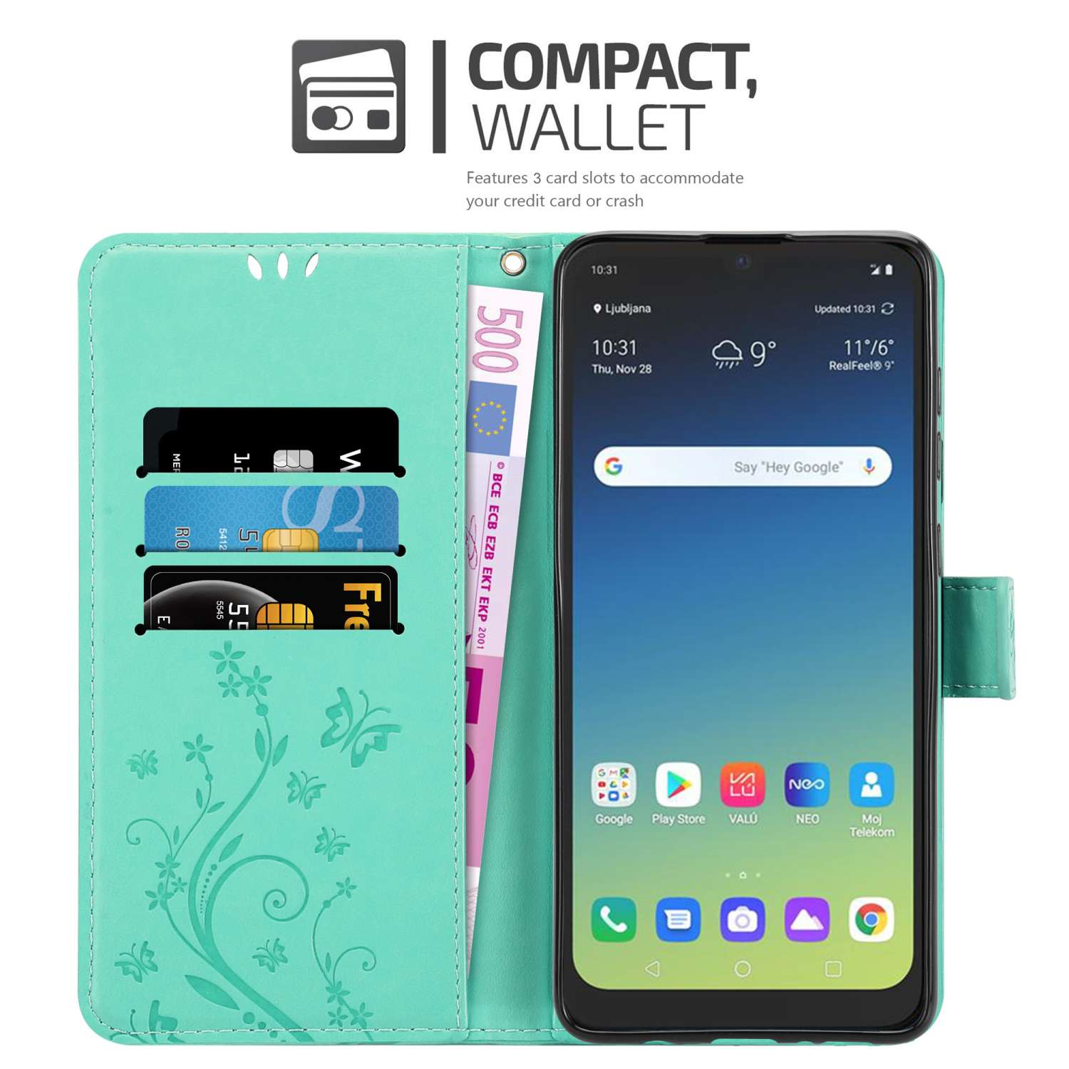 Custodia a portafoglio con fessure per carte e contanti, che mostra uno smartphone all'interno. Colore verde menta.