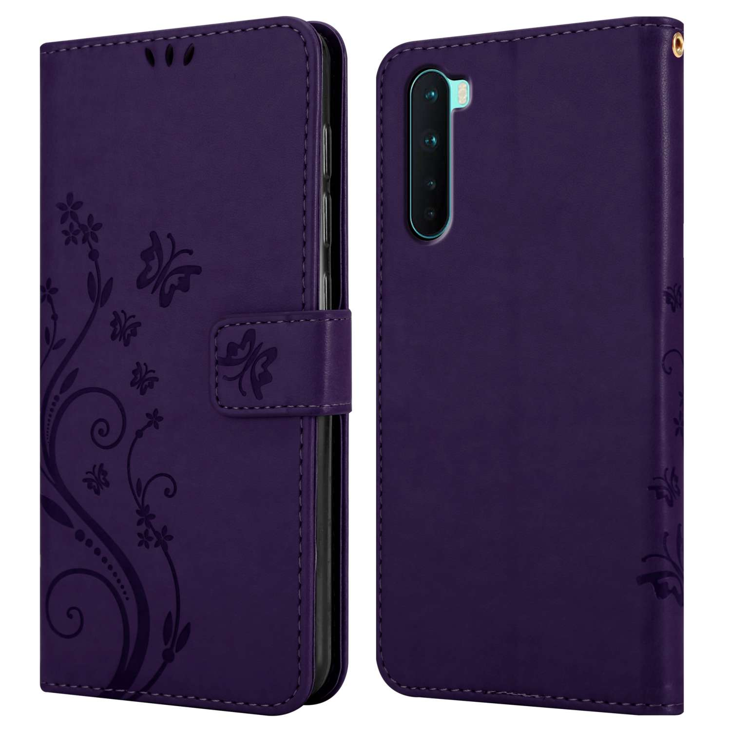 Una custodia per telefono viola con un design floreale. La custodia è aperta, mostra il telefono.