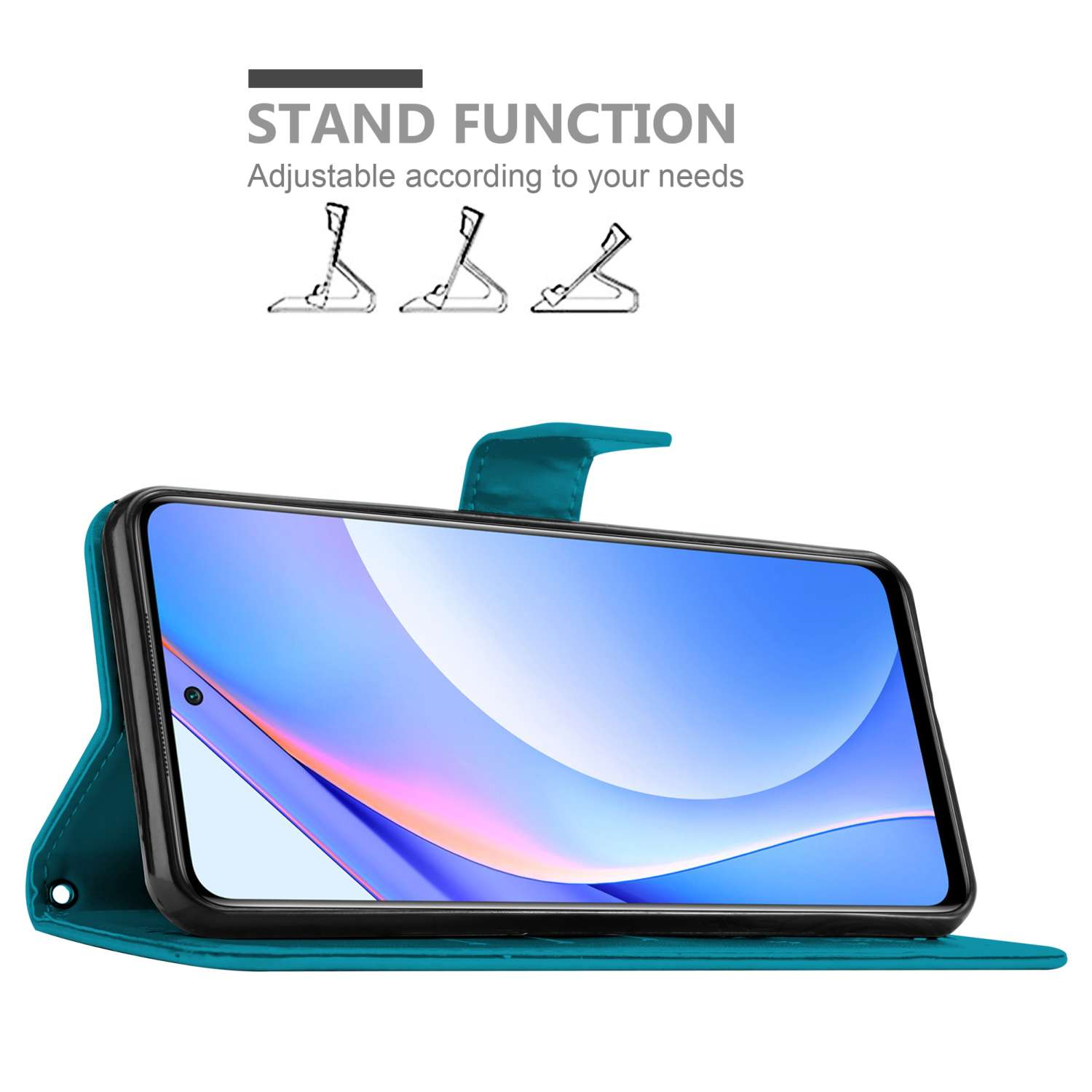 Una custodia per telefono color turchese in posizione aperta, con un telefono all'interno. Vengono mostrate le funzioni di supporto.