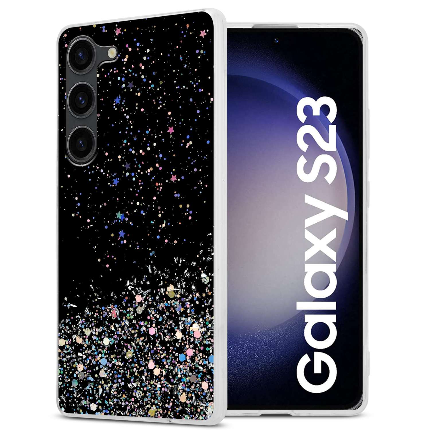 S23, Backcover, Glitter, Galaxy Schwarz funkelnden Schutzhülle mit Glitter mit Samsung, CADORABO