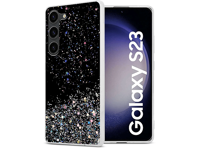 S23, Backcover, Glitter, Galaxy Schwarz funkelnden Schutzhülle mit Glitter mit Samsung, CADORABO