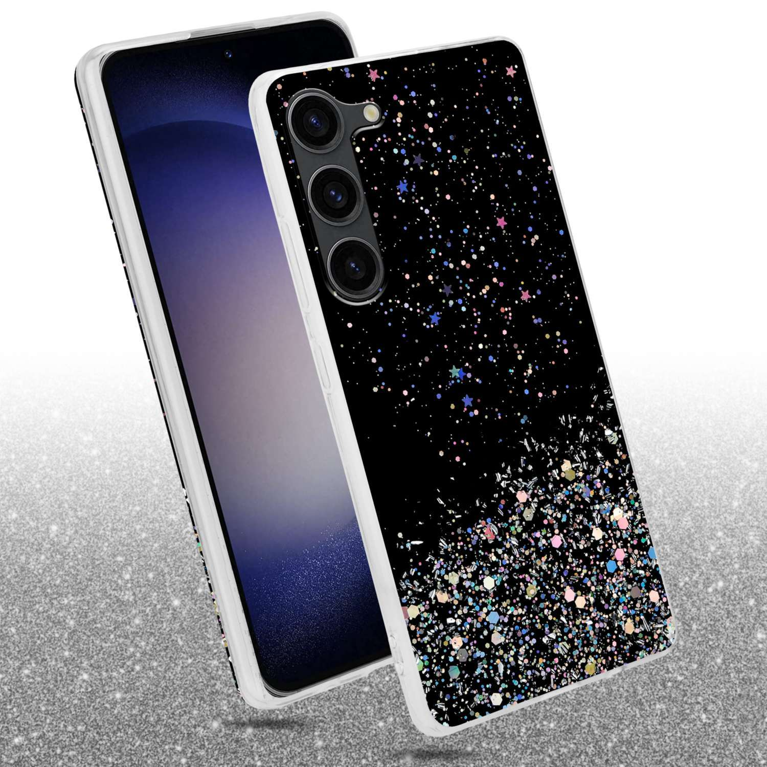 Due custodie per telefono. Una è nera con glitter, l'altra è bianca. Entrambe hanno cornici dorate e sono su una superficie glitterata.