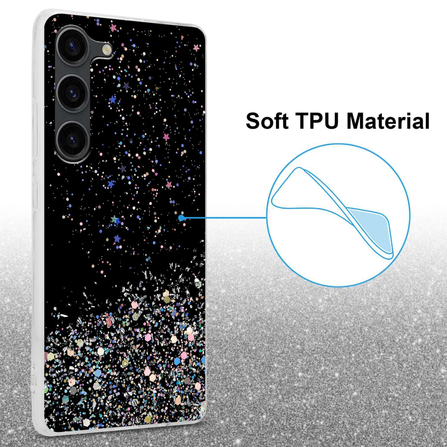 Custodia per telefono nera con glitter in basso. Materiale TPU morbido. Glitter scintillanti.
