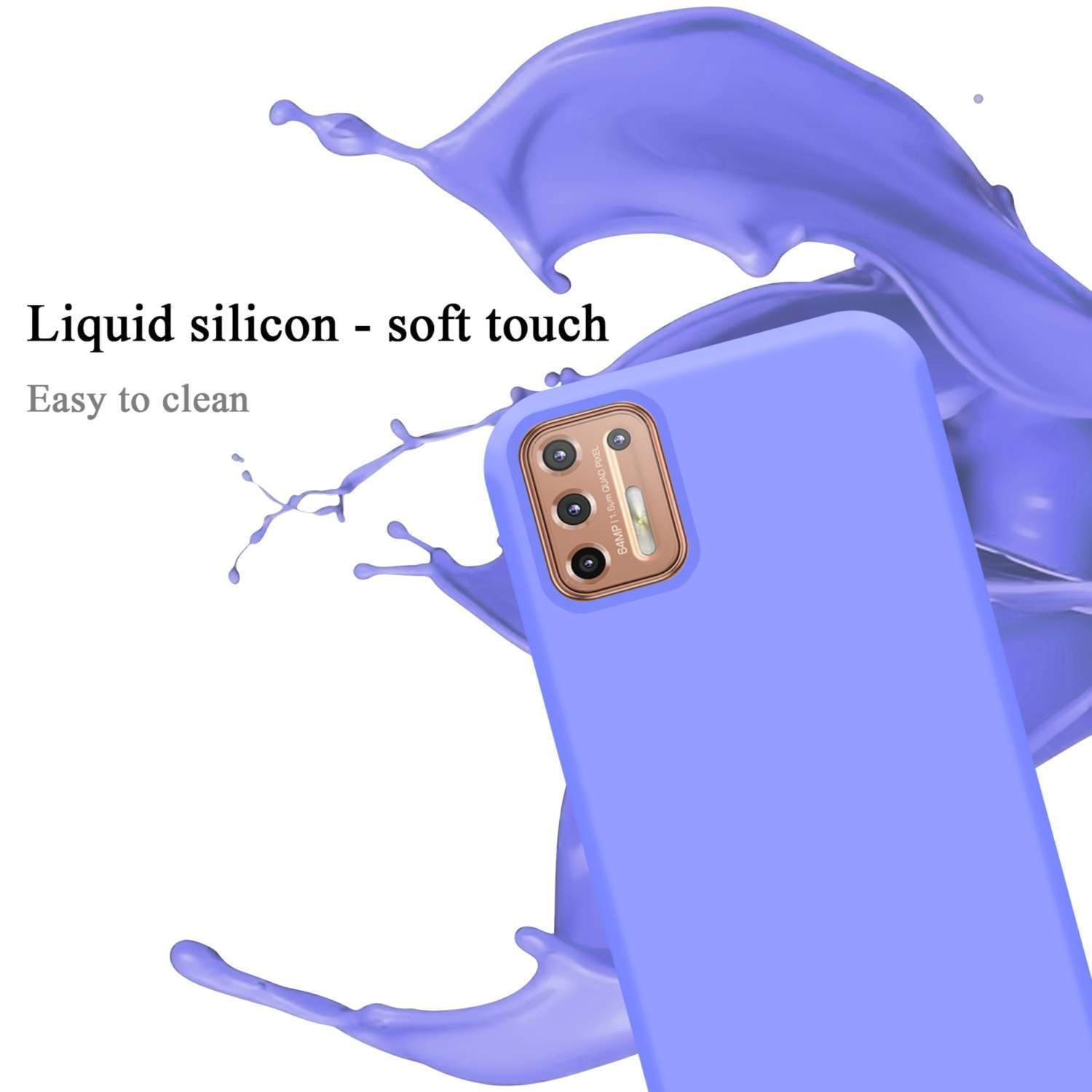 Una custodia per telefono azzurra con un'area fotocamera e un effetto spruzzo di liquido sullo sfondo.