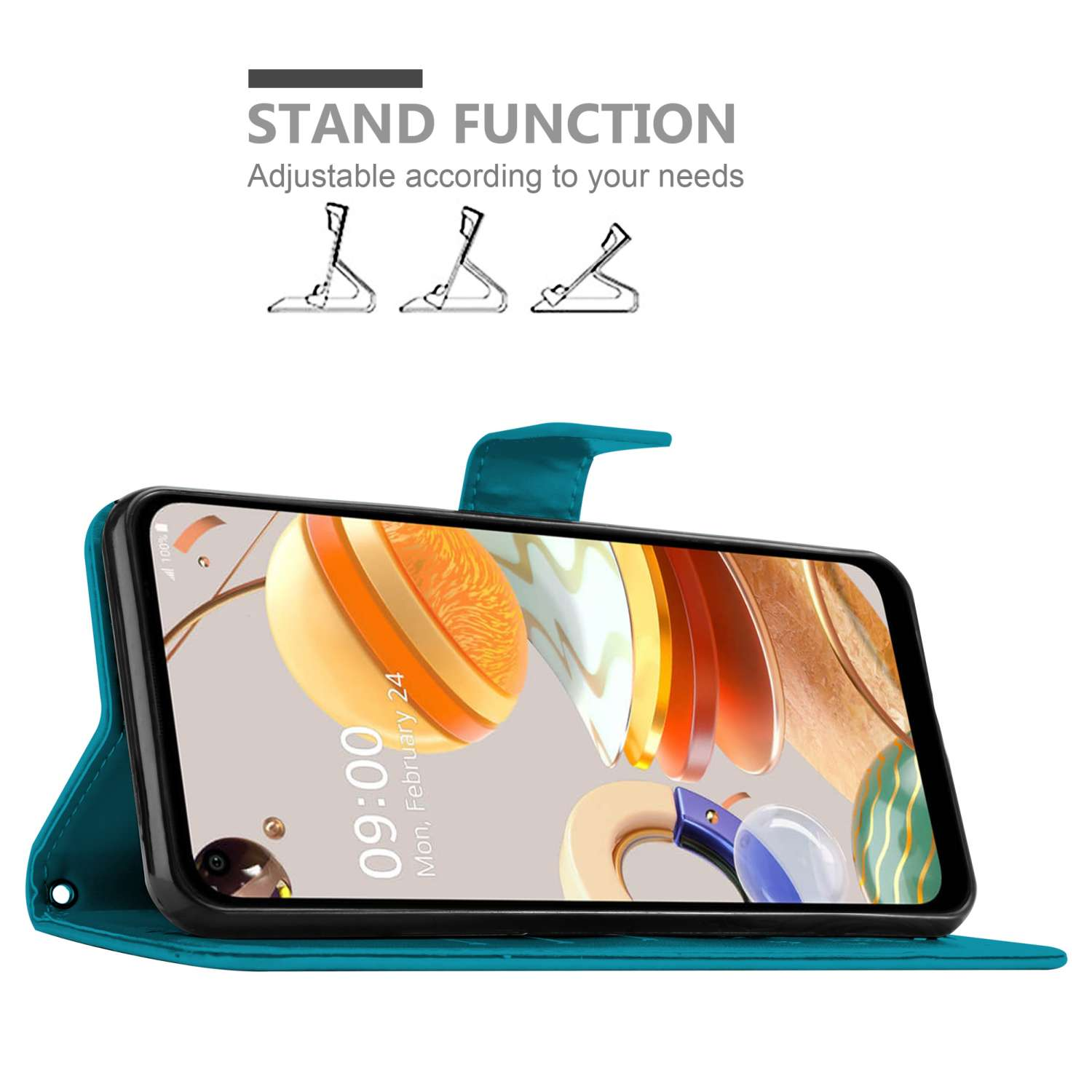 Custodia per telefono color teal con un telefono in mostra, che mostra un orologio digitale e un'immagine astratta colorata.