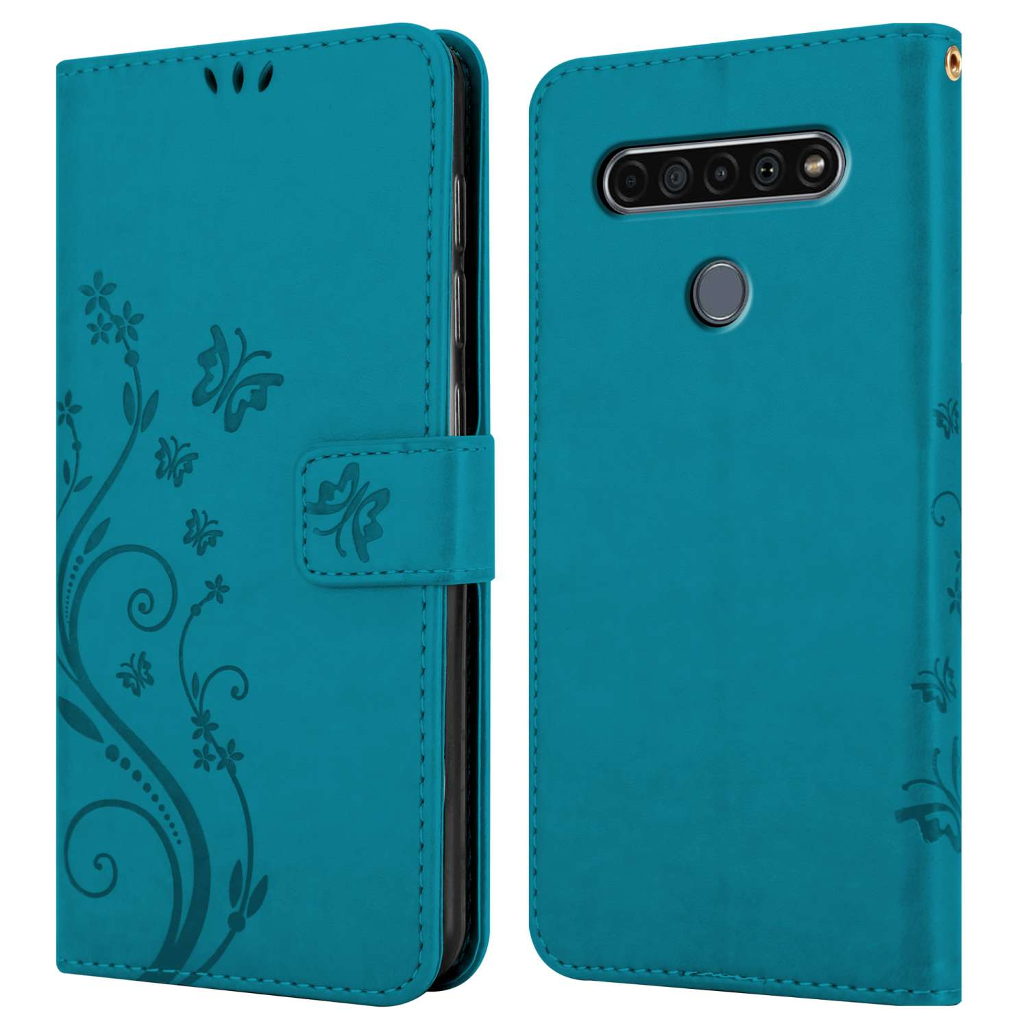 Custodia per telefono turchese, aperta e chiusa. Design floreale e farfalle. Chiusura magnetica visibile.
