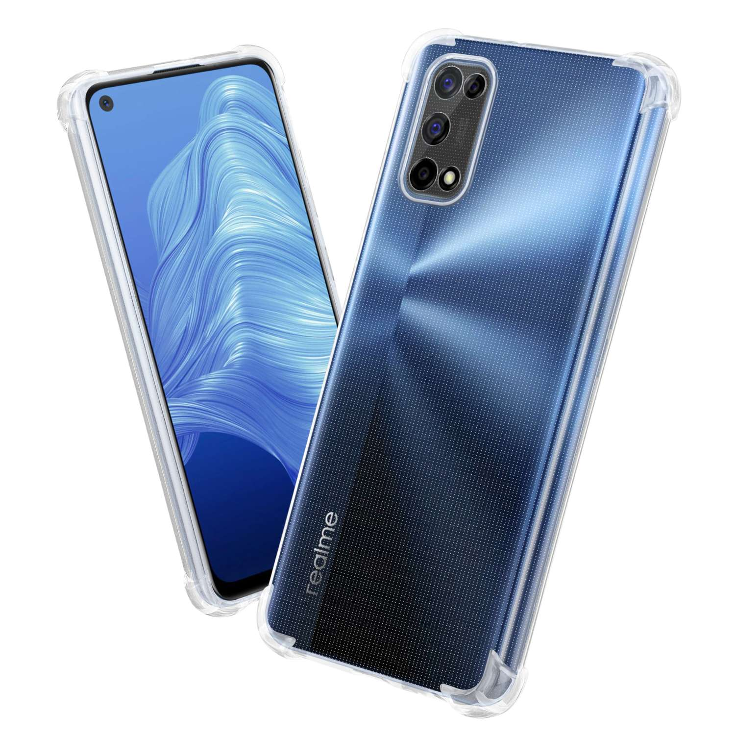 Zwei Telefone in transparenten Hüllen. Eines hat eine blaue Rückseite, das andere ist weiß. Die Marke ist realme.