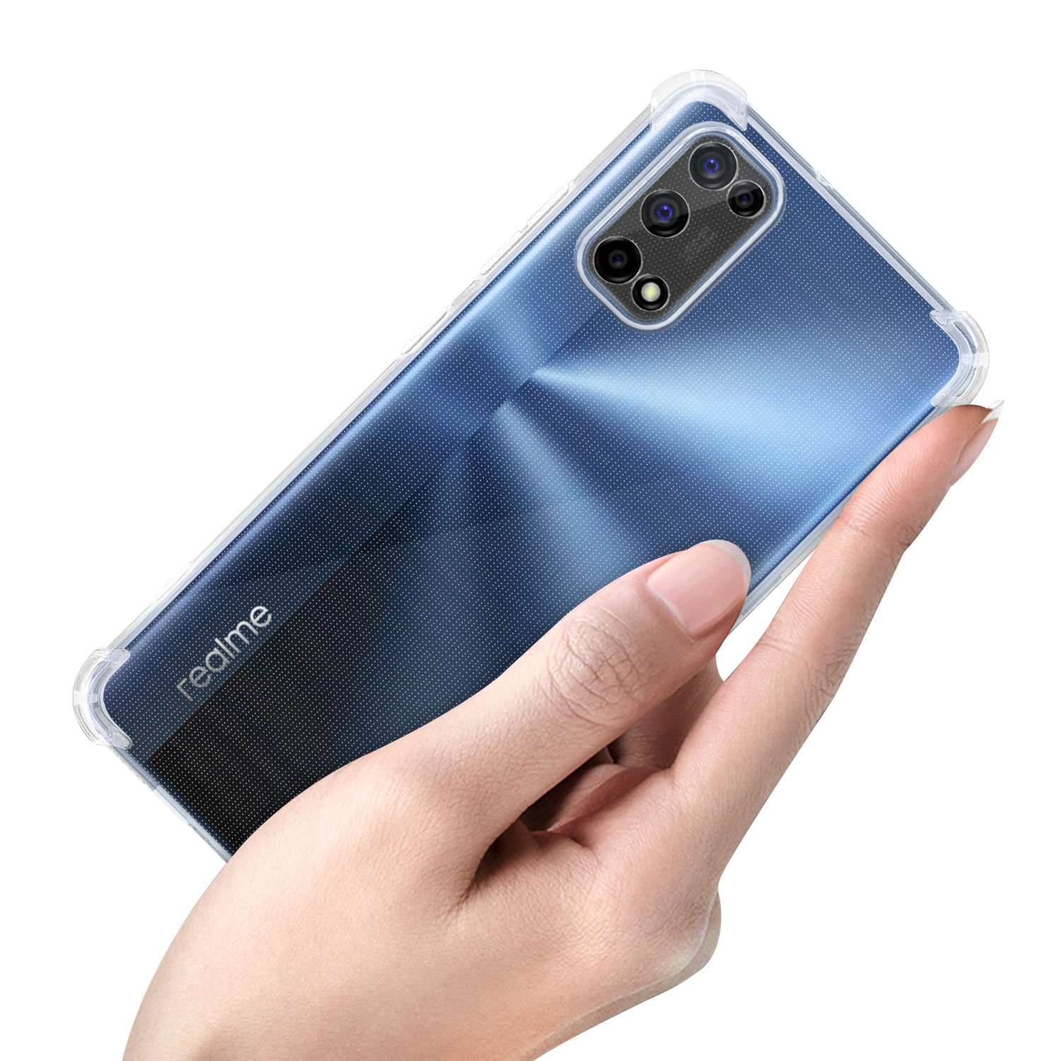 Transparente Handyhülle auf einem Telefon, zeigt die Rückseite des Telefons.