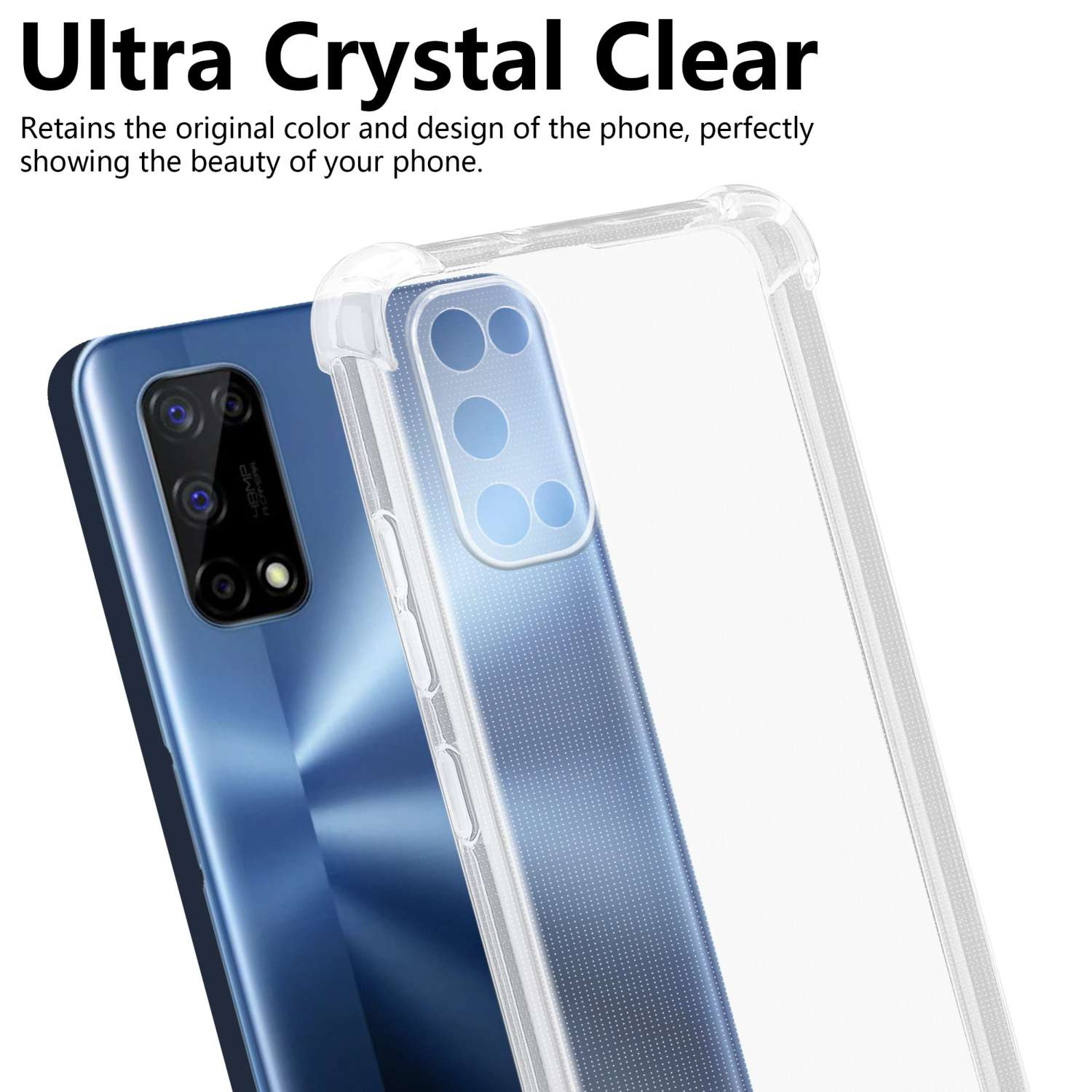 Ein Telefon mit einer transparenten Hülle. Die Hülle befindet sich auf einem Telefon mit blauem Rücken.