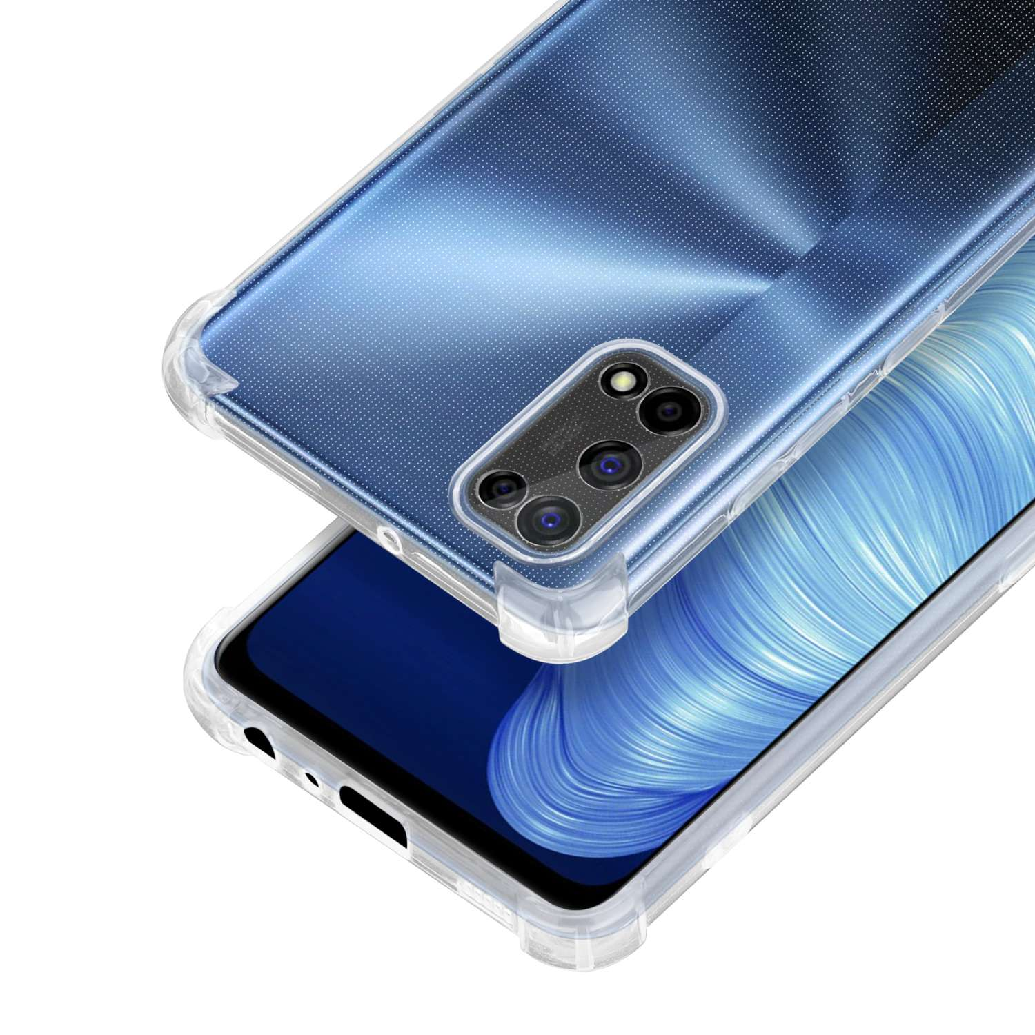 Transparente Handyhülle über einem Telefon. Das Telefon hat eine blaue, strukturierte Rückseite mit Kameralinsen.