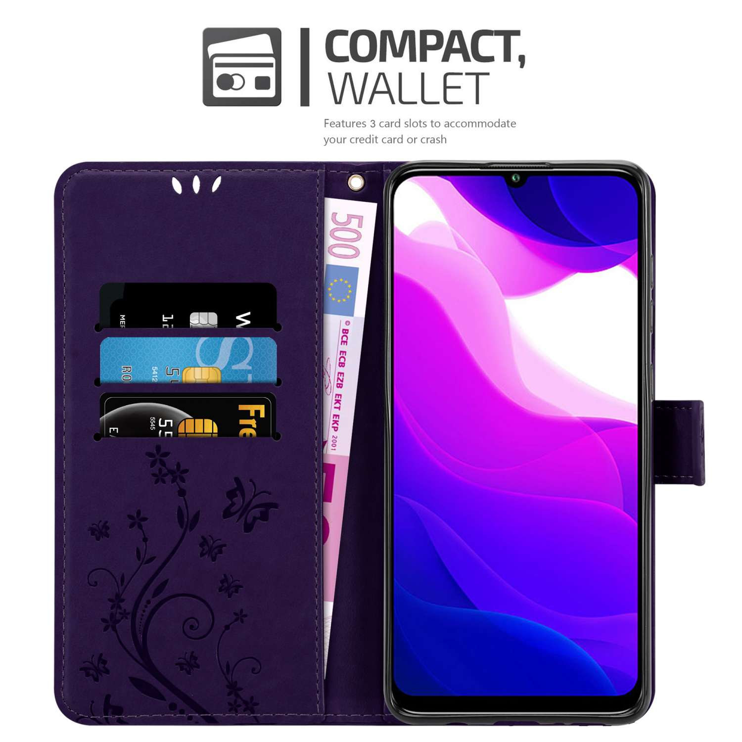 Una custodia a portafoglio per telefono viola con carte e una banconota da 500 euro. Un telefono mostra uno schermo viola.