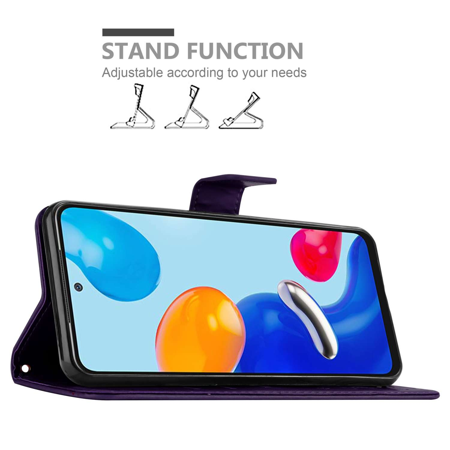 Una custodia per telefono viola aperta con un telefono all'interno, che mostra una grafica colorata e opzioni di supporto.