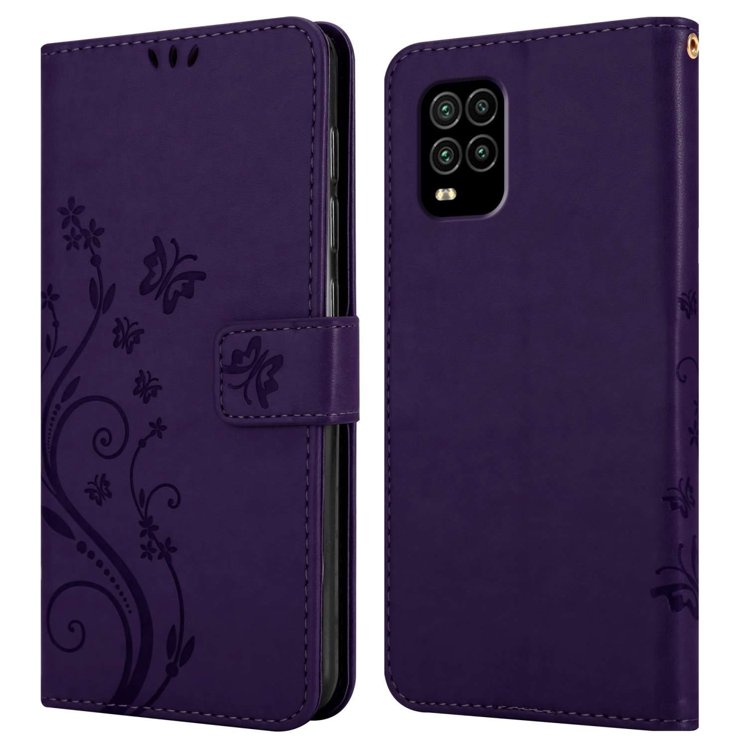 Una custodia a portafoglio viola con un design floreale, aperta per mostrare un telefono e fessure per carte.