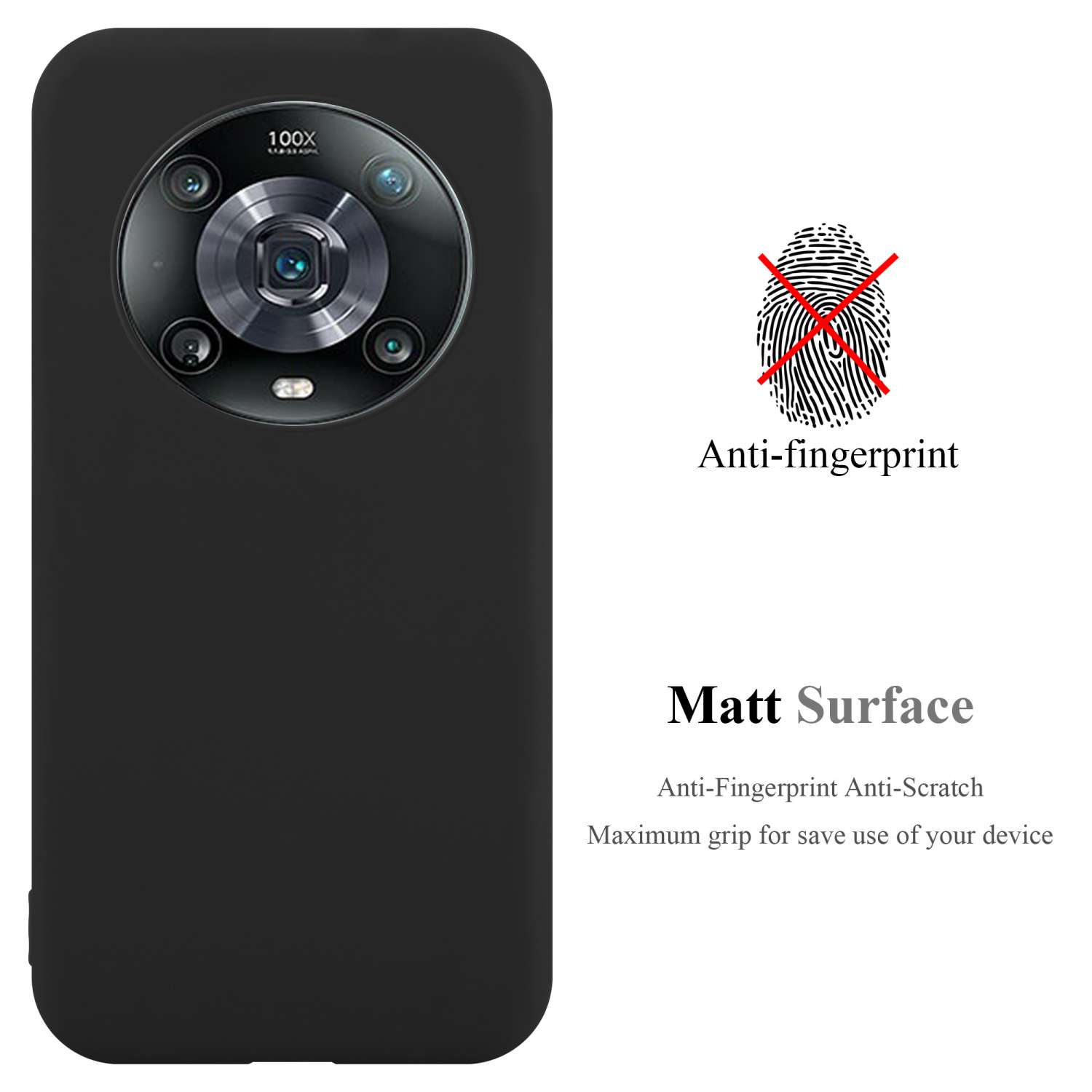 Eine schwarze Handyhülle hat ein kreisförmiges Kameramodul und Text, der Anti-Fingerprint- und Matt-Oberflächenmerkmale angibt.