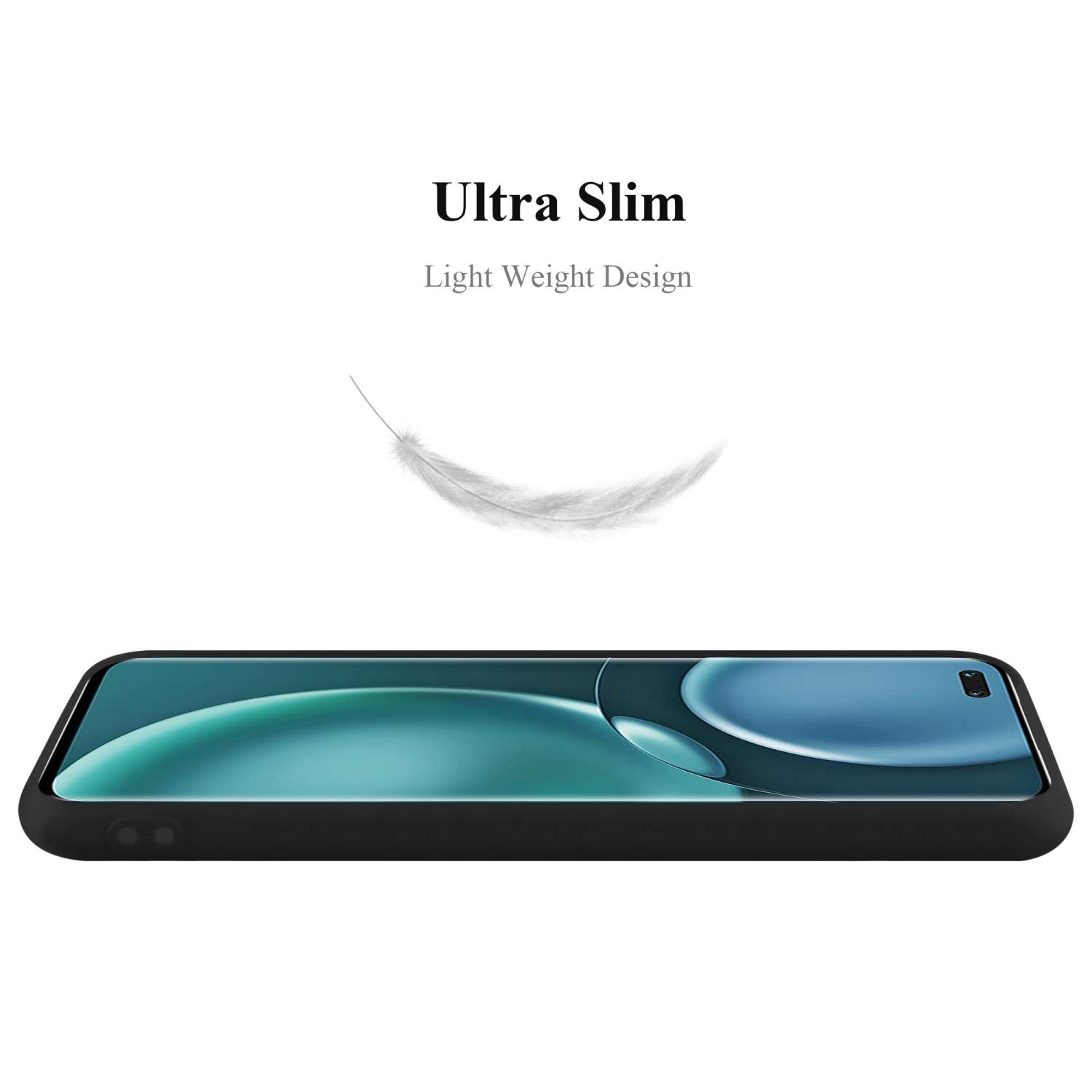 Eine schwarze Handyhülle. Text: 'Ultra Slim' und 'Leichtes Design'. Eine Feder schwebt.