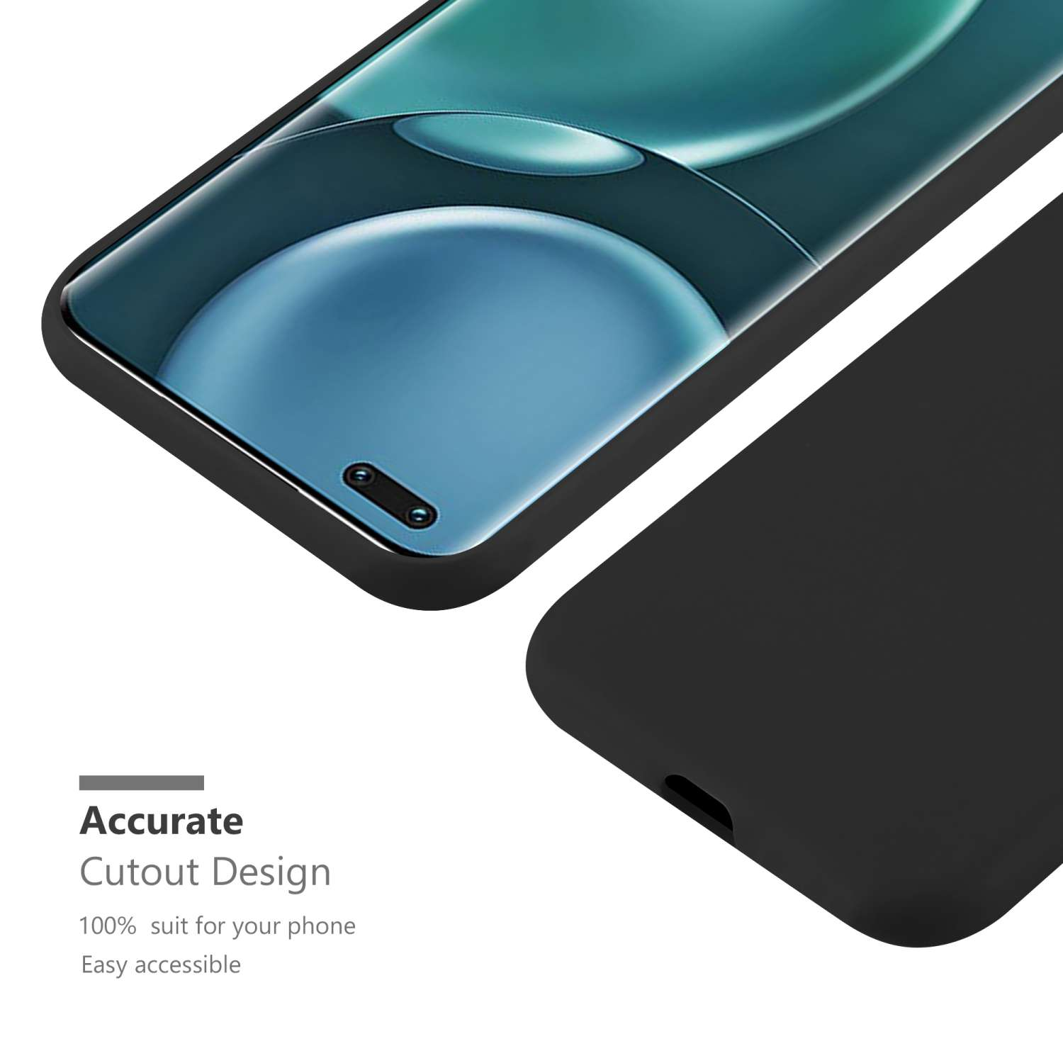 Nahaufnahme einer schwarzen Handyhülle mit Aussparung für die Kamera und einem schwarzen Handy.