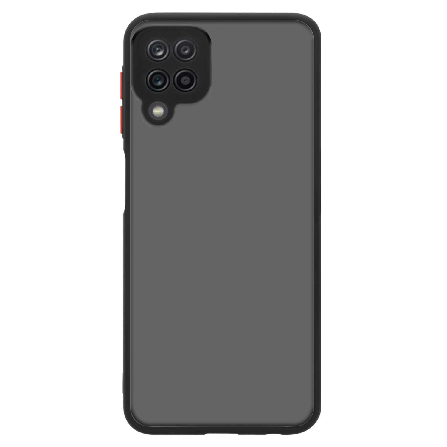 Una custodia per telefono nera con sporgenza per la fotocamera e pulsanti rossi.