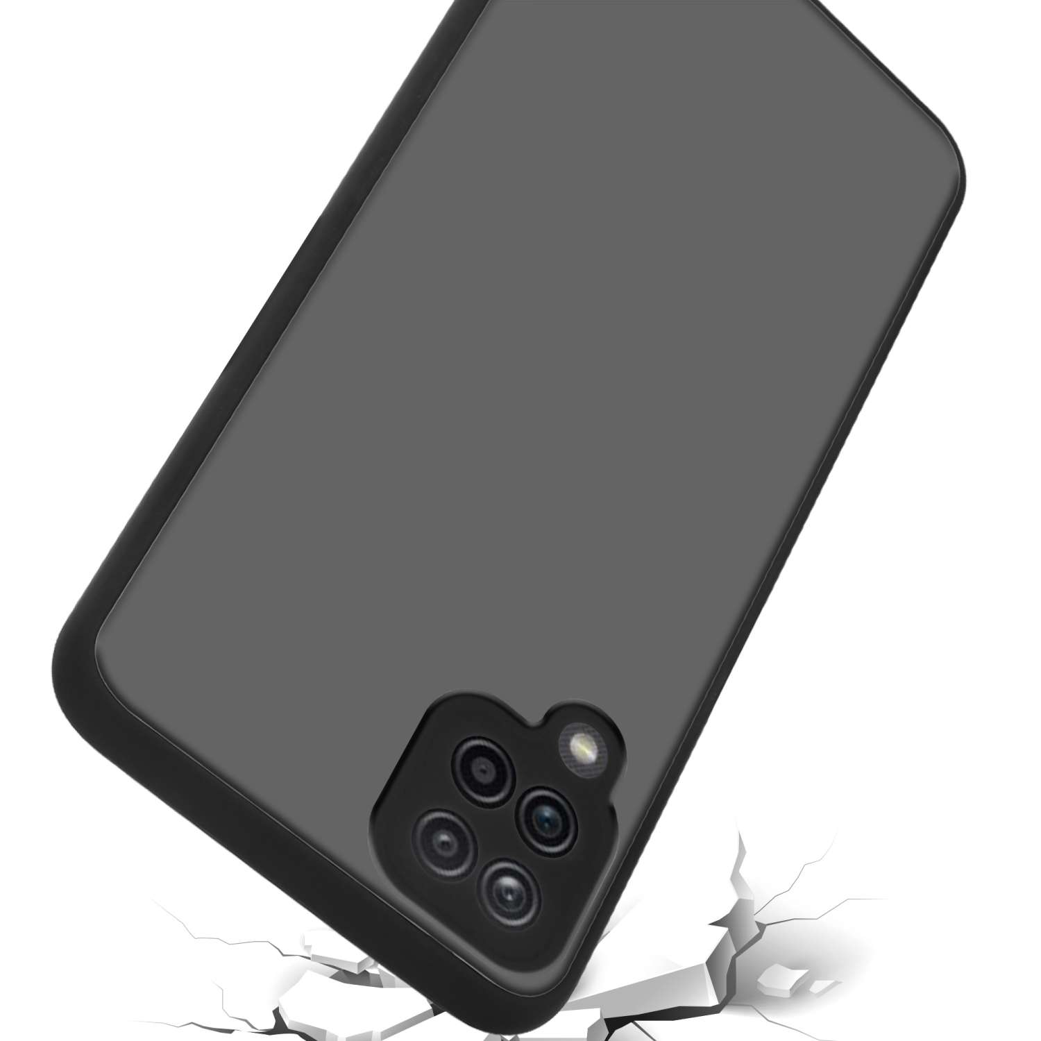 Una custodia per telefono nera su una superficie crepata. La custodia è appoggiata a terra, con crepe intorno.