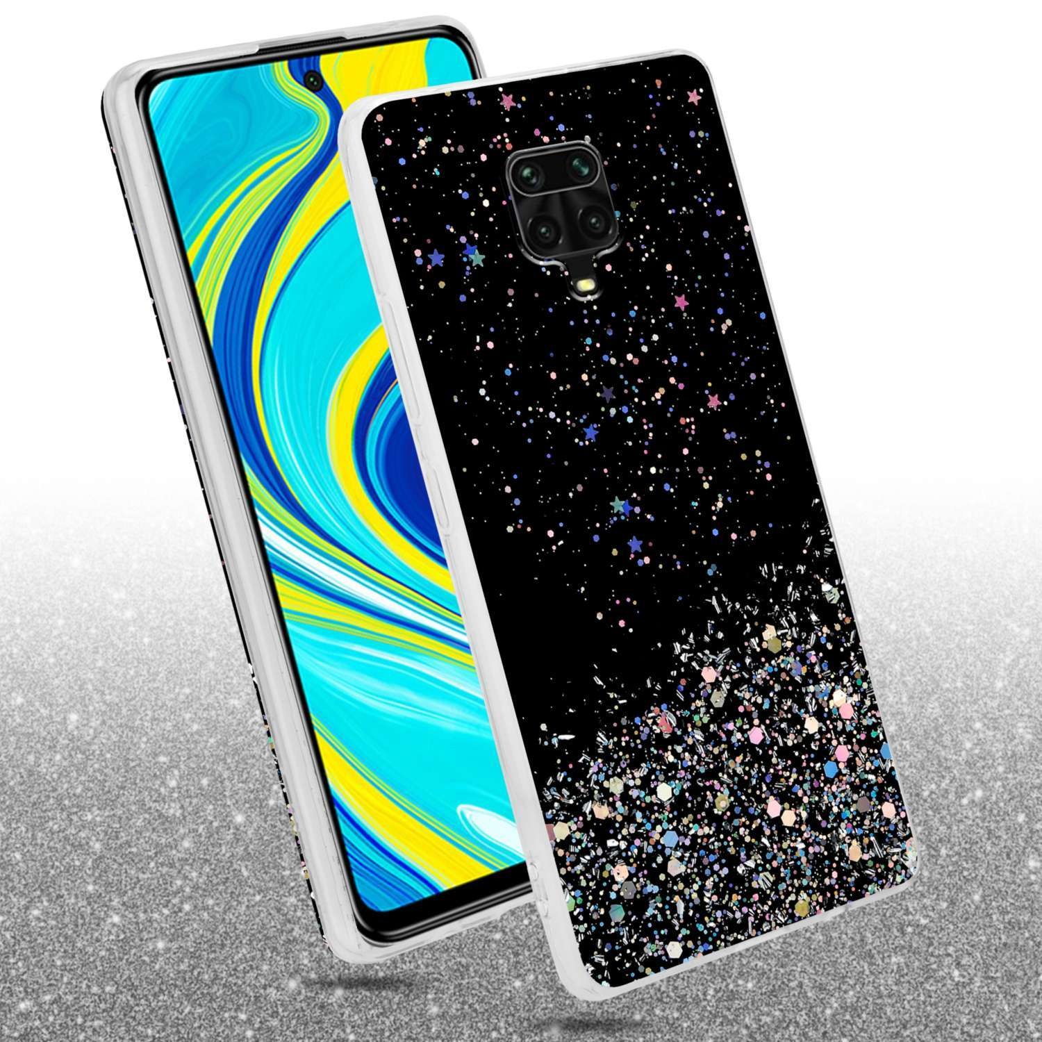 Schwarze Handyhülle mit Glitzerdesign. Das Telefon ist angewinkelt, um das Design zu zeigen.