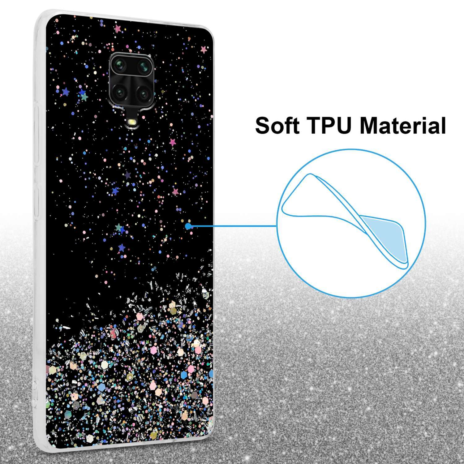 Schwarze Handyhülle mit Glitzer. Text lautet 'Soft TPU Material'.