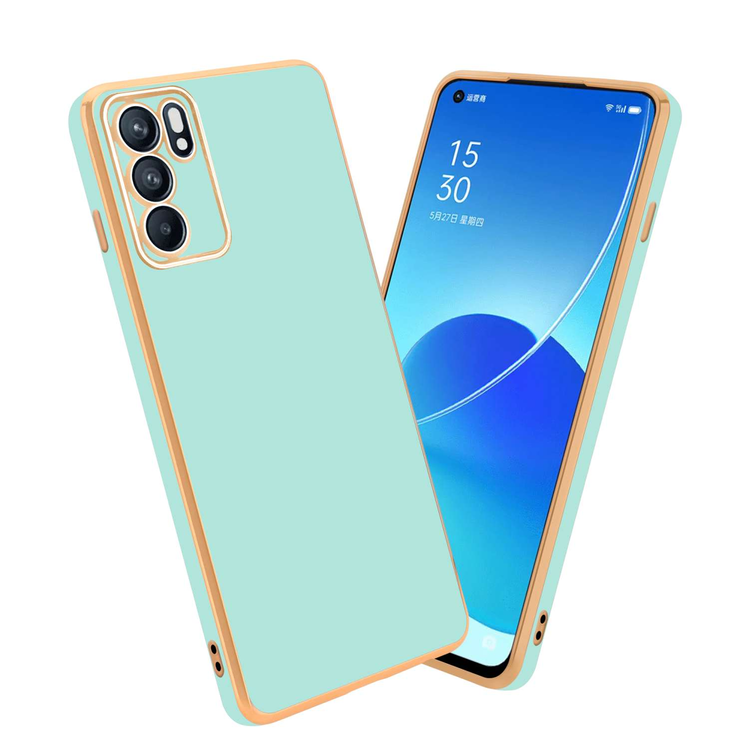Eine türkisgrüne Handyhülle mit einem Telefon darin. Die Handyhülle ist abgelöst.