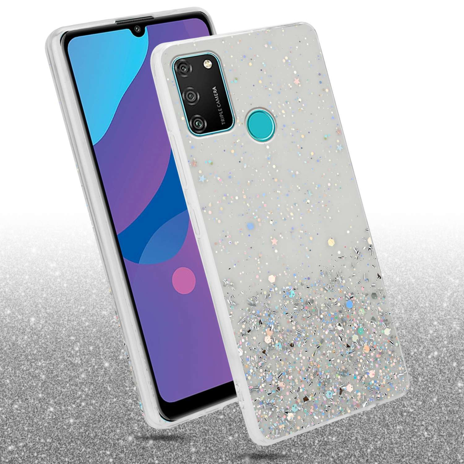Weiße Handyhülle mit Glitzer, Telefon auf weißer Oberfläche. Ein zweites Telefon daneben.