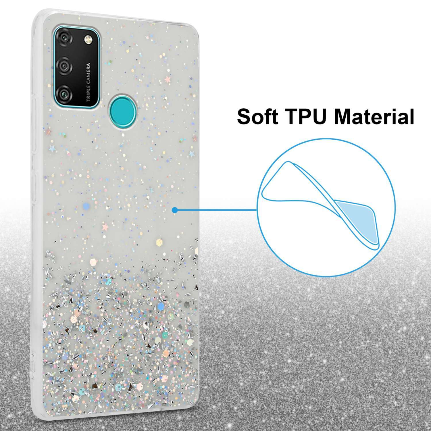 Handyhülle mit Glitzer. Weiße Hülle mit silbernem Glitzer. Weißer Hintergrund.