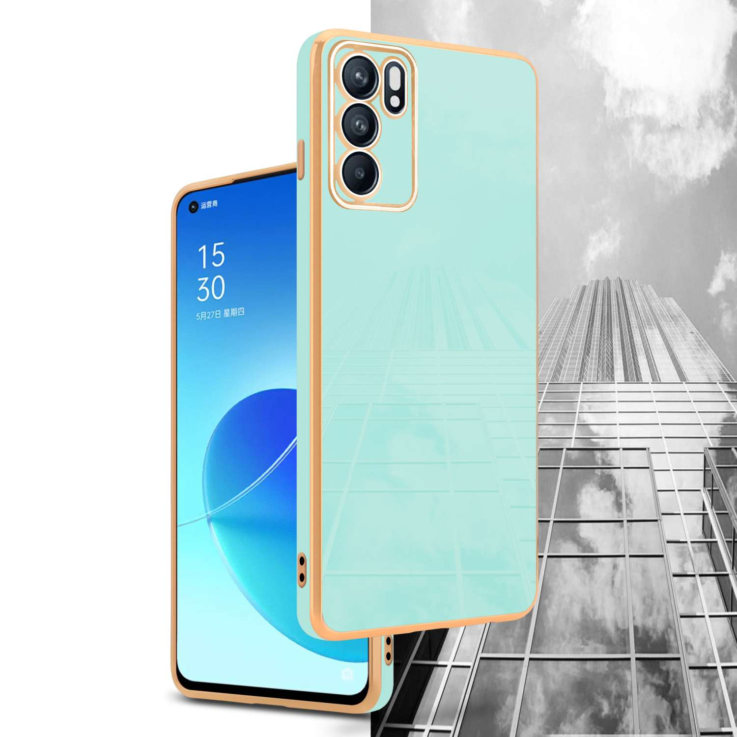 Ein Telefon mit einem mintfarbenen Gehäuse, das Datum und Uhrzeit anzeigt. Der Hintergrund ist ein Gebäude und der Himmel.