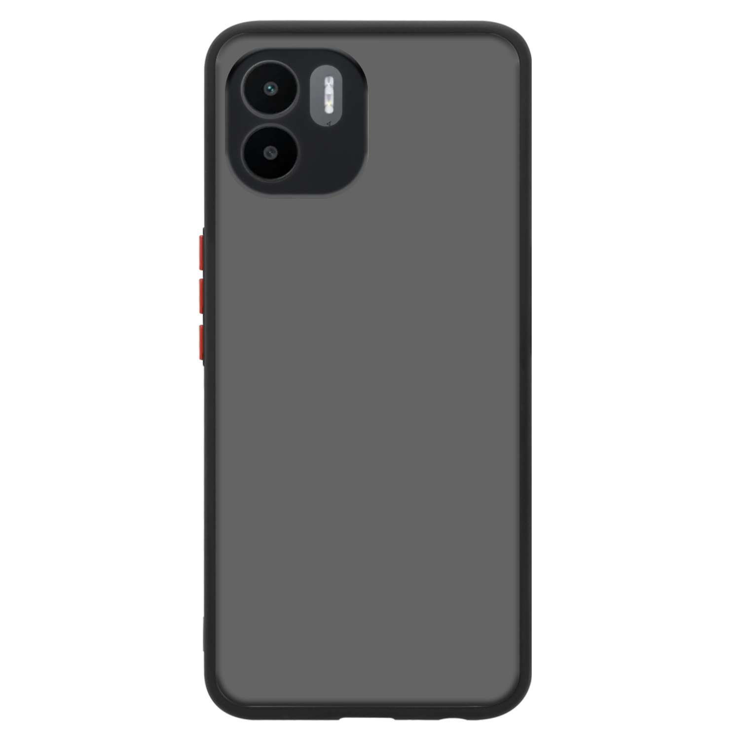 Custodia per telefono nera con due lenti della fotocamera e pulsante laterale rosso. Sfondo grigio.