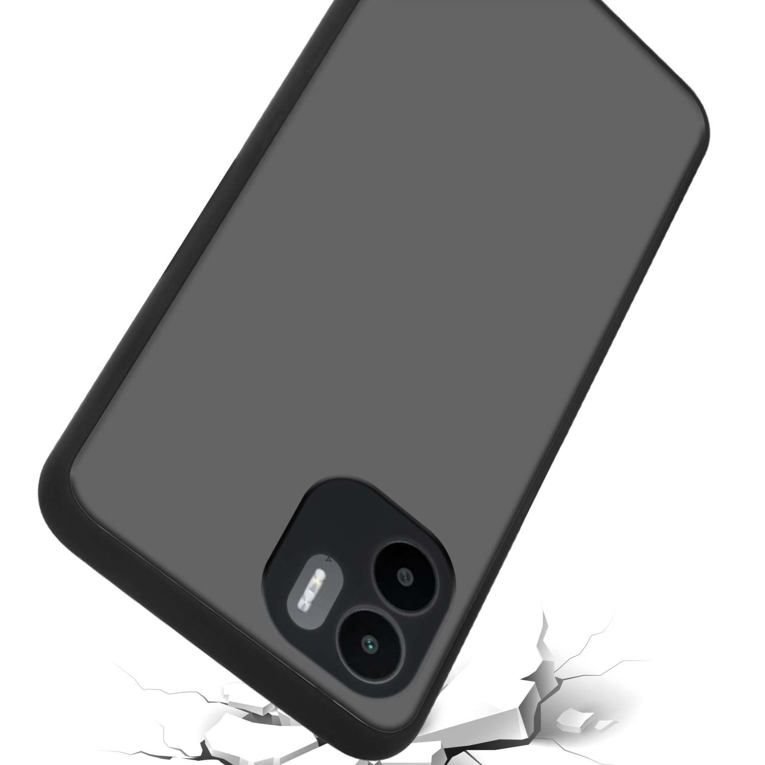 Una custodia grigia per telefono che cade su una superficie incrinata, con bordo nero e fotocamera.