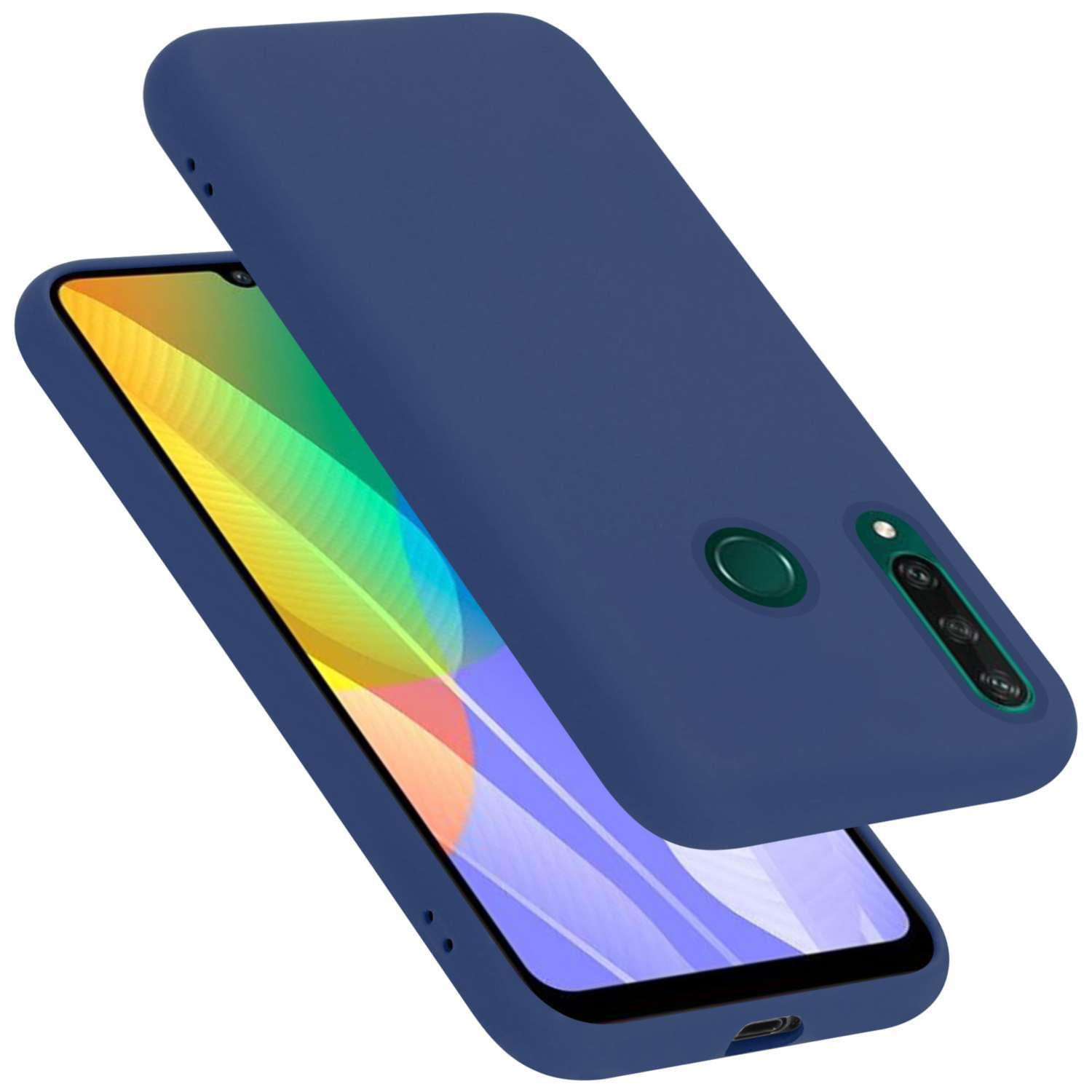 Un téléphone bleu foncé avec un étui bleu. Le téléphone est partiellement couvert par l'étui. L'étui est ouvert.