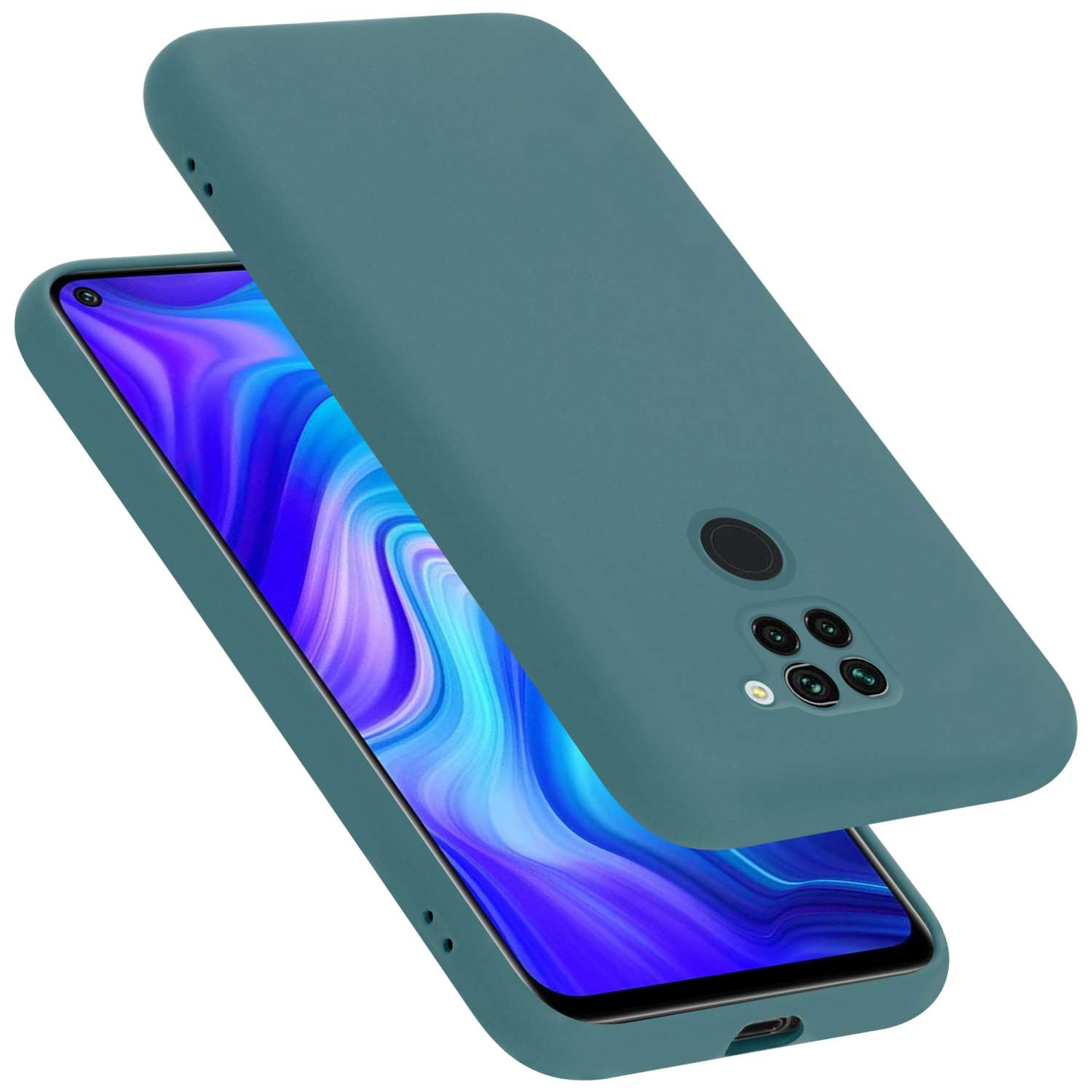 Custodia per telefono verde acqua su un telefono. Lo sfondo mostra lo schermo del telefono.